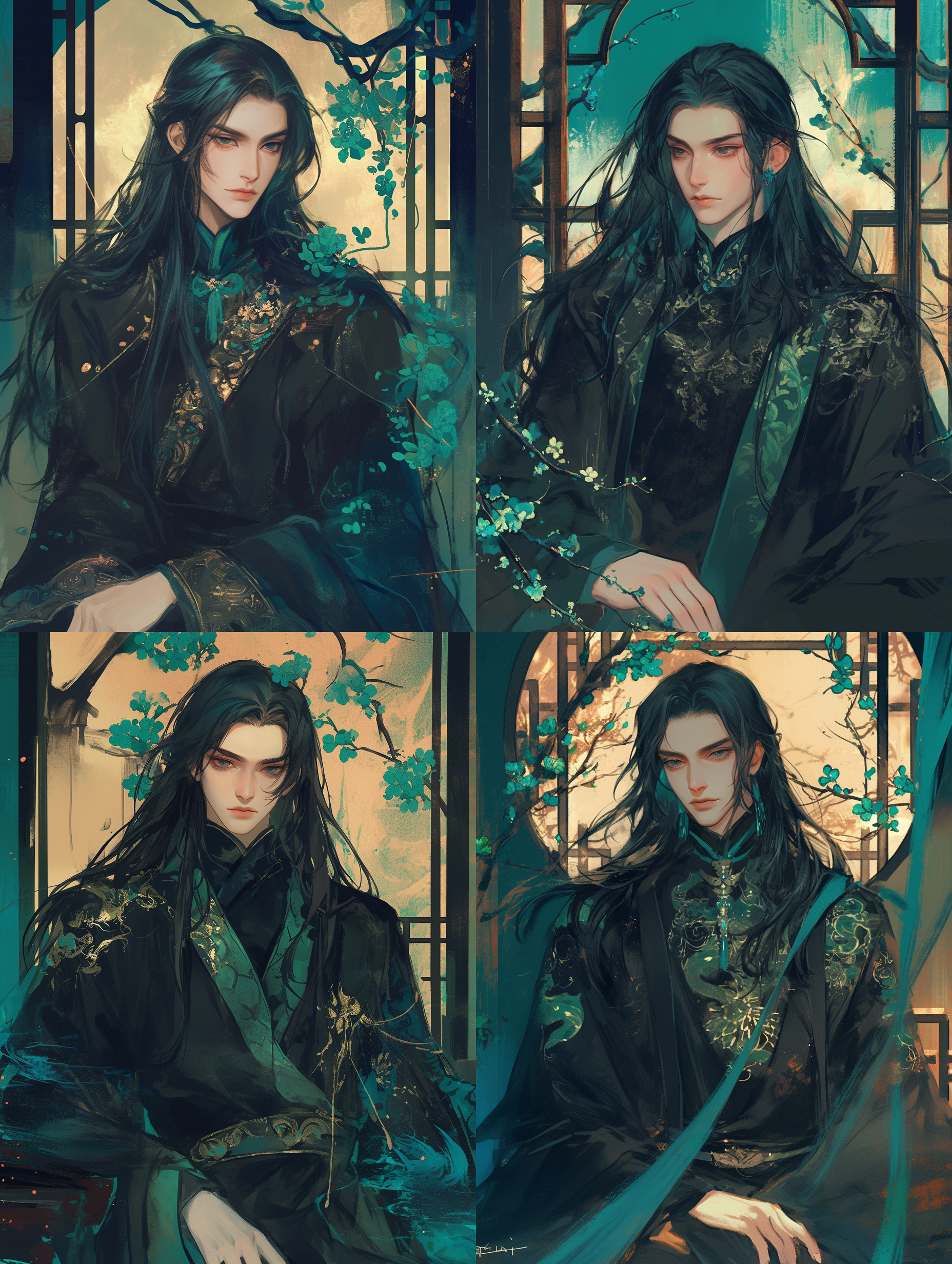 中国古代成年男性，俊美阴柔，脸型削瘦，深邃黑色眼睛，红润嘴唇，冷漠表情，黑色长发披肩，身材高大，黑色服装，青色花纹，正面半身像，正脸朝镜头，端正坐姿，青色小花点缀，复古屏风背景，伊吹鸡腿子风格，水彩平涂，水墨质感，低饱和度，气氛阴暗，画面简洁，冷色调。