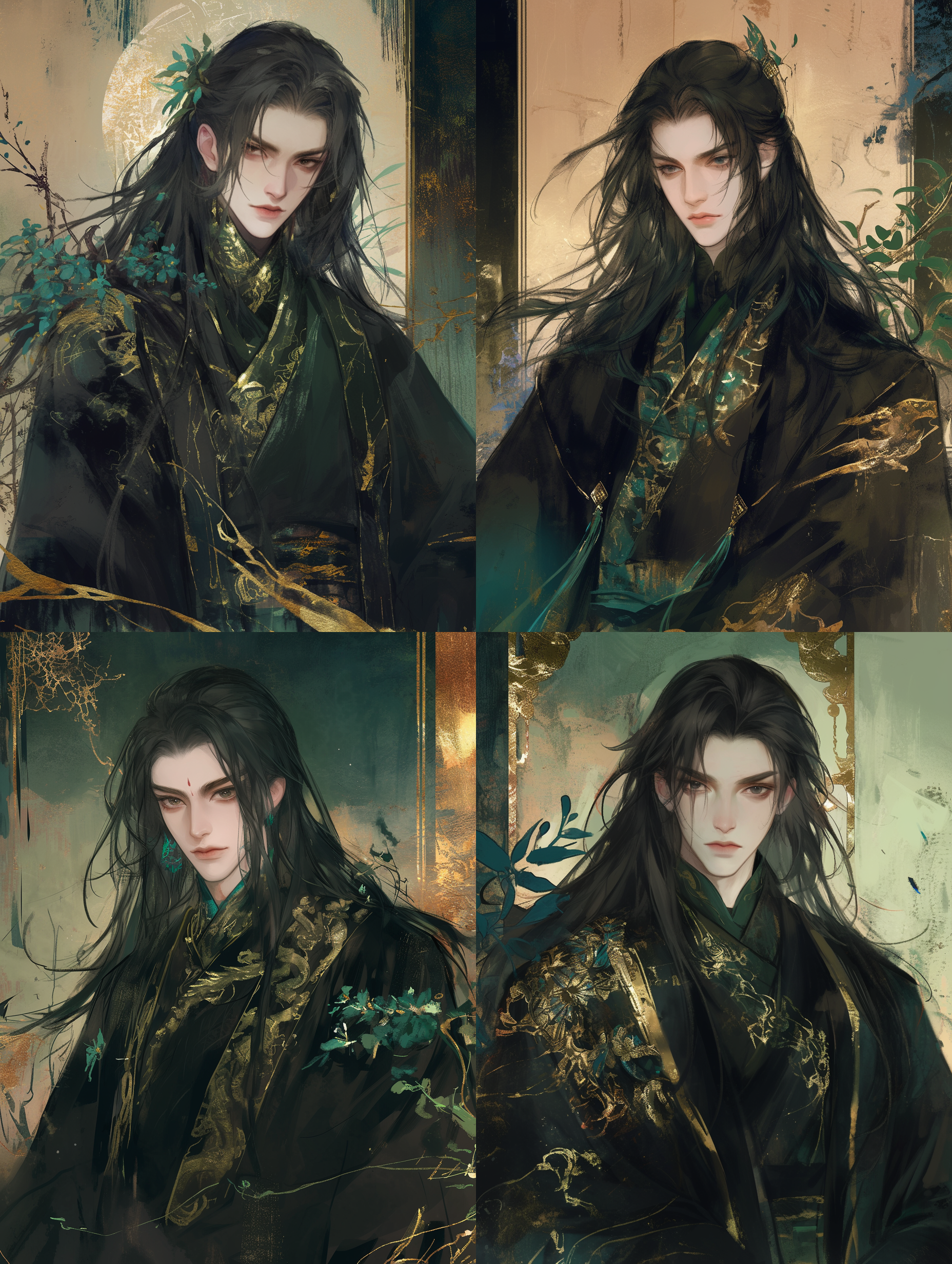 中国古代成年男性，俊美阴柔，脸型削瘦，深邃黑色眼睛，红润嘴唇，冷漠表情，黑色长发披肩，身材高大，黑色服装，青色花纹，正面半身像，正脸朝镜头，端正坐姿，青色小花点缀，复古屏风背景，伊吹鸡腿子风格，水彩平涂，水墨质感，低饱和度，气氛阴暗，画面简洁，冷色调。