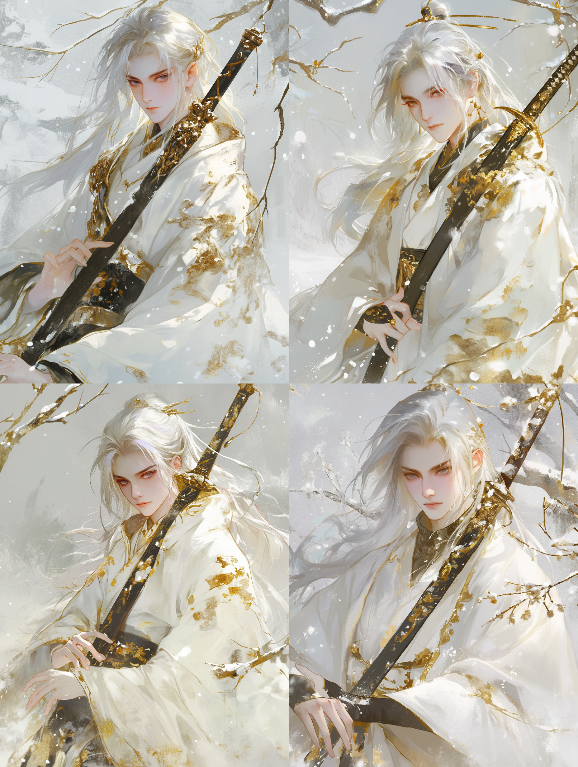中国古代成年男性，俊美，深邃黑色眼睛，皮肤苍白，眼神平静，白色长发披肩，白金色服装，手拿宝剑，正面半身像，正脸朝镜头，端正坐姿，安静的雪景，伊吹鸡腿子风格，水彩平涂，水墨质感，低饱和度，环境寒冷，画面简洁，氛围宁静，静态构图，广角镜头，自然光，柔和阴影，冷色调，平静情绪。