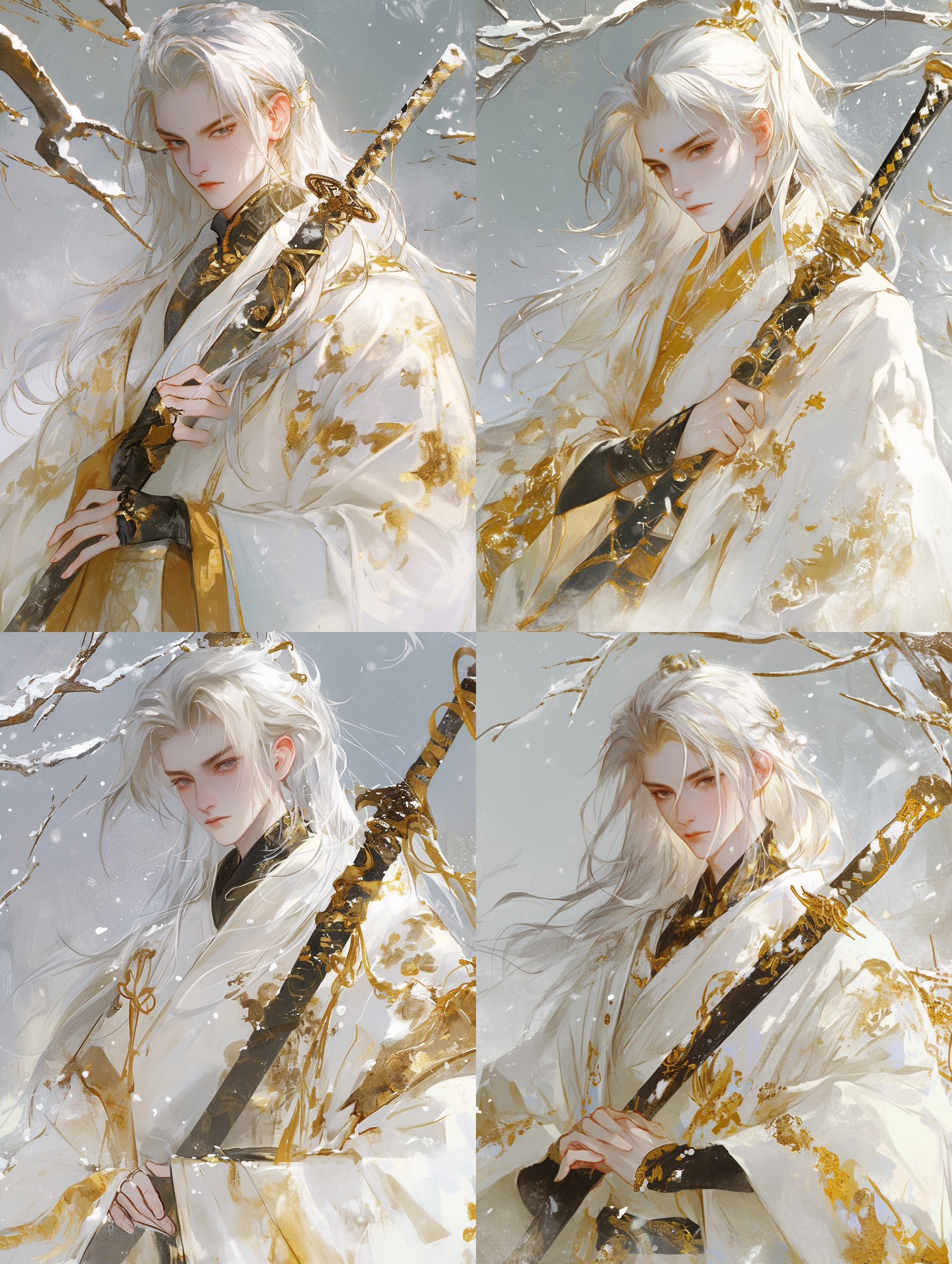 中国古代成年男性，俊美，深邃黑色眼睛，皮肤苍白，眼神平静，白色长发披肩，白金色服装，手拿宝剑，正面半身像，正脸朝镜头，端正坐姿，安静的雪景，伊吹鸡腿子风格，水彩平涂，水墨质感，低饱和度，环境寒冷，画面简洁，氛围宁静，静态构图，广角镜头，自然光，柔和阴影，冷色调，平静情绪。