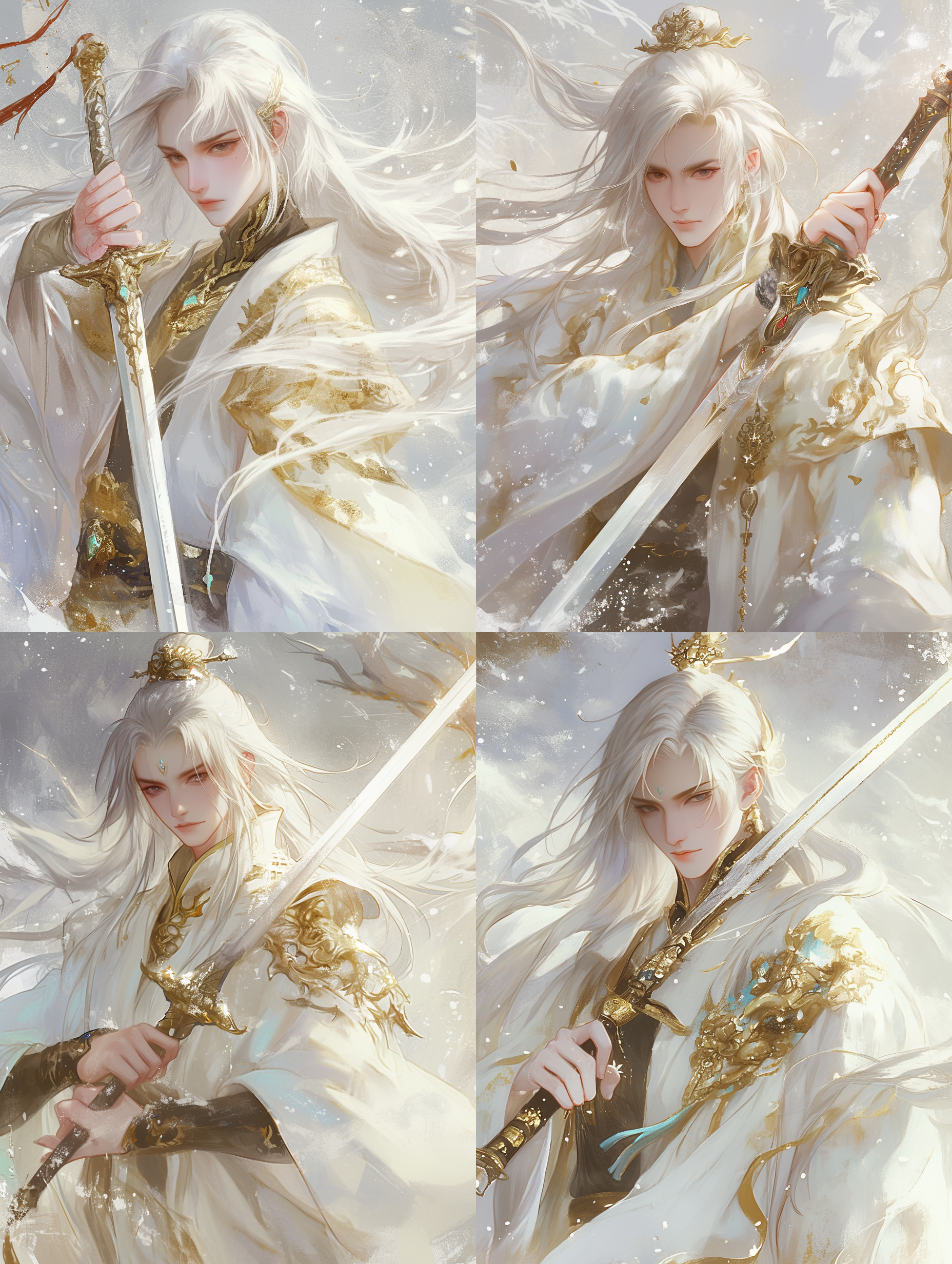 中国古代成年男性，俊美，深邃黑色眼睛，皮肤苍白，眼神平静，白色长发披肩，白金色服装，手拿宝剑，正面半身像，正脸朝镜头，安静的雪景，伊吹鸡腿子风格，水彩平涂，水墨质感，低饱和度，环境寒冷，画面简洁，氛围宁静，静态构图，广角镜头，自然光，柔和阴影，冷色调，平静情绪。