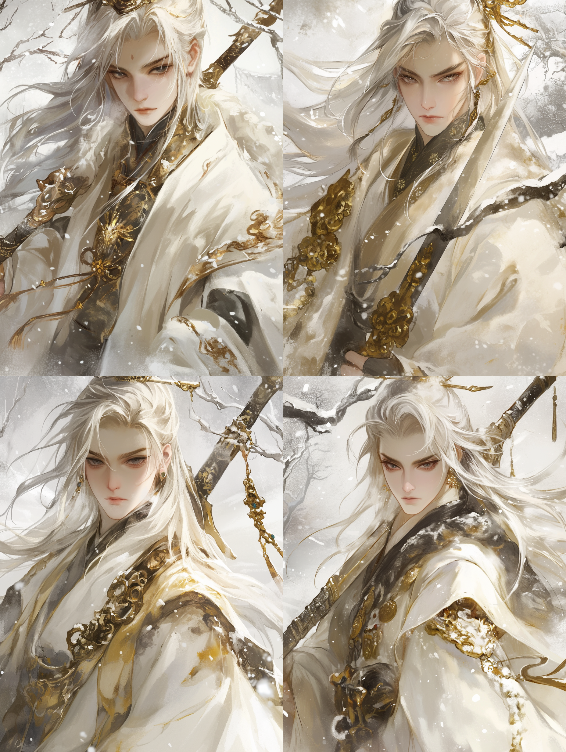 中国古代成年男性，俊美，深邃黑色眼睛，皮肤苍白，眼神平静，白色长发披肩，白金色服装，手拿宝剑，正面半身像，正脸朝镜头，安静的雪景，伊吹鸡腿子风格，水彩平涂，水墨质感，低饱和度，环境寒冷，画面简洁，氛围宁静，静态构图，广角镜头，自然光，柔和阴影，冷色调，平静情绪。