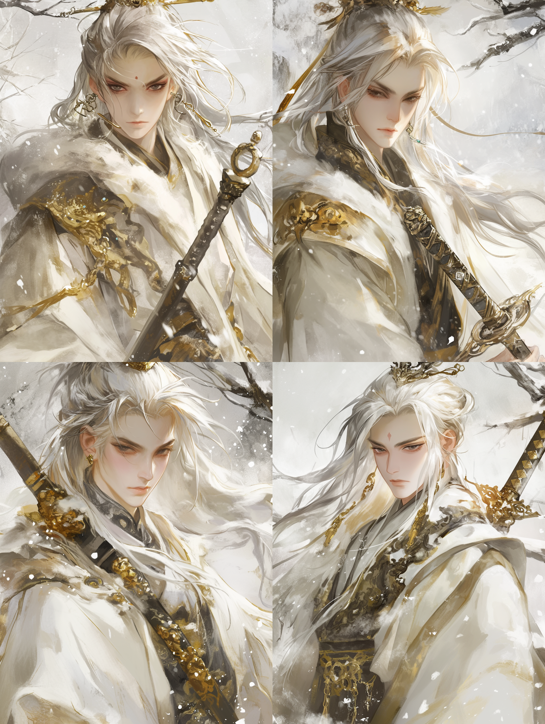 中国古代成年男性，俊美，深邃黑色眼睛，皮肤苍白，眼神平静，白色长发披肩，白金色服装，手拿宝剑，正面半身像，正脸朝镜头，安静的雪景，伊吹鸡腿子风格，水彩平涂，水墨质感，低饱和度，环境寒冷，画面简洁，氛围宁静，静态构图，广角镜头，自然光，柔和阴影，冷色调，平静情绪。