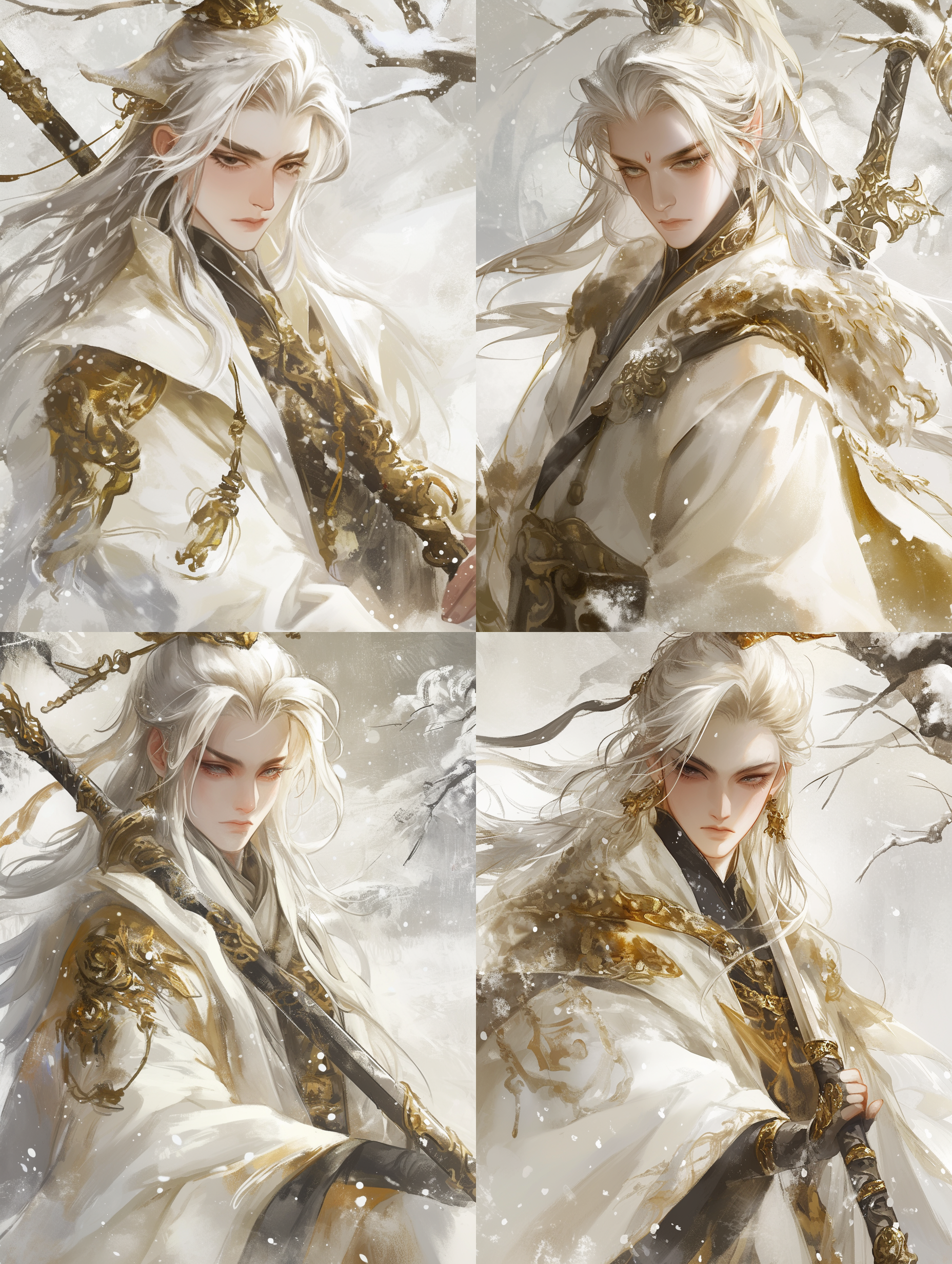 中国古代成年男性，俊美，深邃黑色眼睛，皮肤苍白，眼神平静，白色长发披肩，白金色服装，手拿宝剑，正面半身像，正脸朝镜头，安静的雪景，伊吹鸡腿子风格，水彩平涂，水墨质感，低饱和度，环境寒冷，画面简洁，氛围宁静，静态构图，广角镜头，自然光，柔和阴影，冷色调，平静情绪。