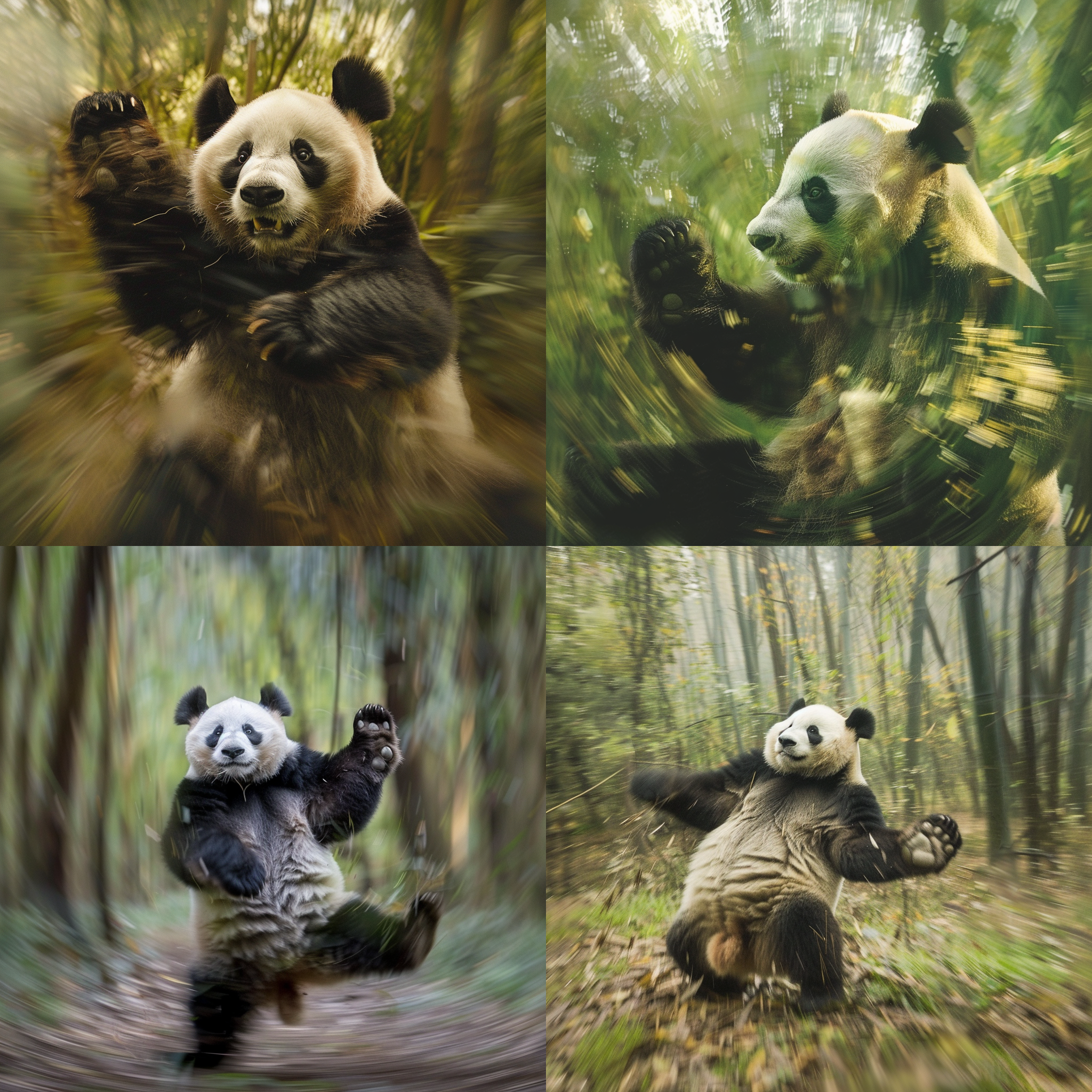 大熊猫旋转跳舞，动态模糊，森林背景，柔和光线，长焦镜头，慢快门，欢快，绿色调，优雅。