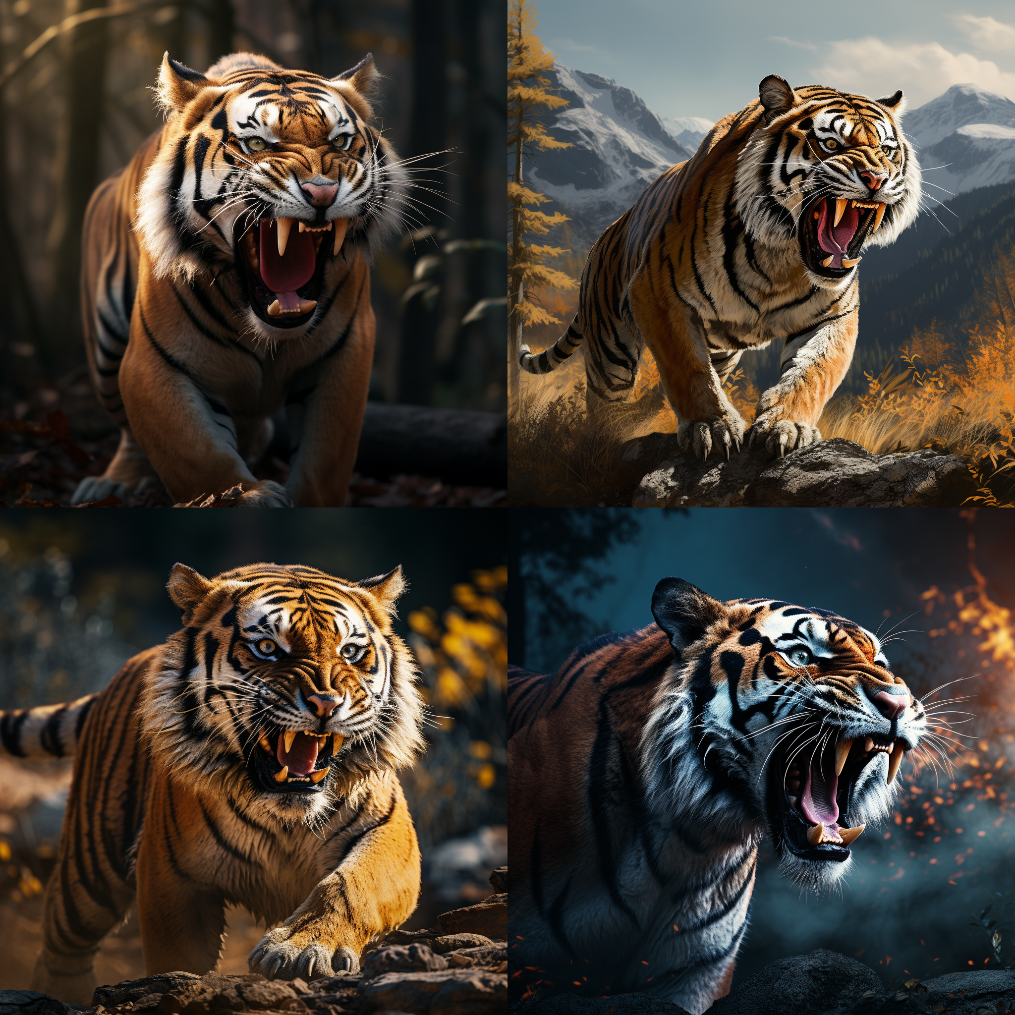 老虎咆哮，深林山峰背景，逼真神态，锐利线条，纯黑背景，柔光照明，超高清8k，艺术美感，高分辨率，古典技法，对焦清晰，细节丰富，色彩柔和，神秘静谧。