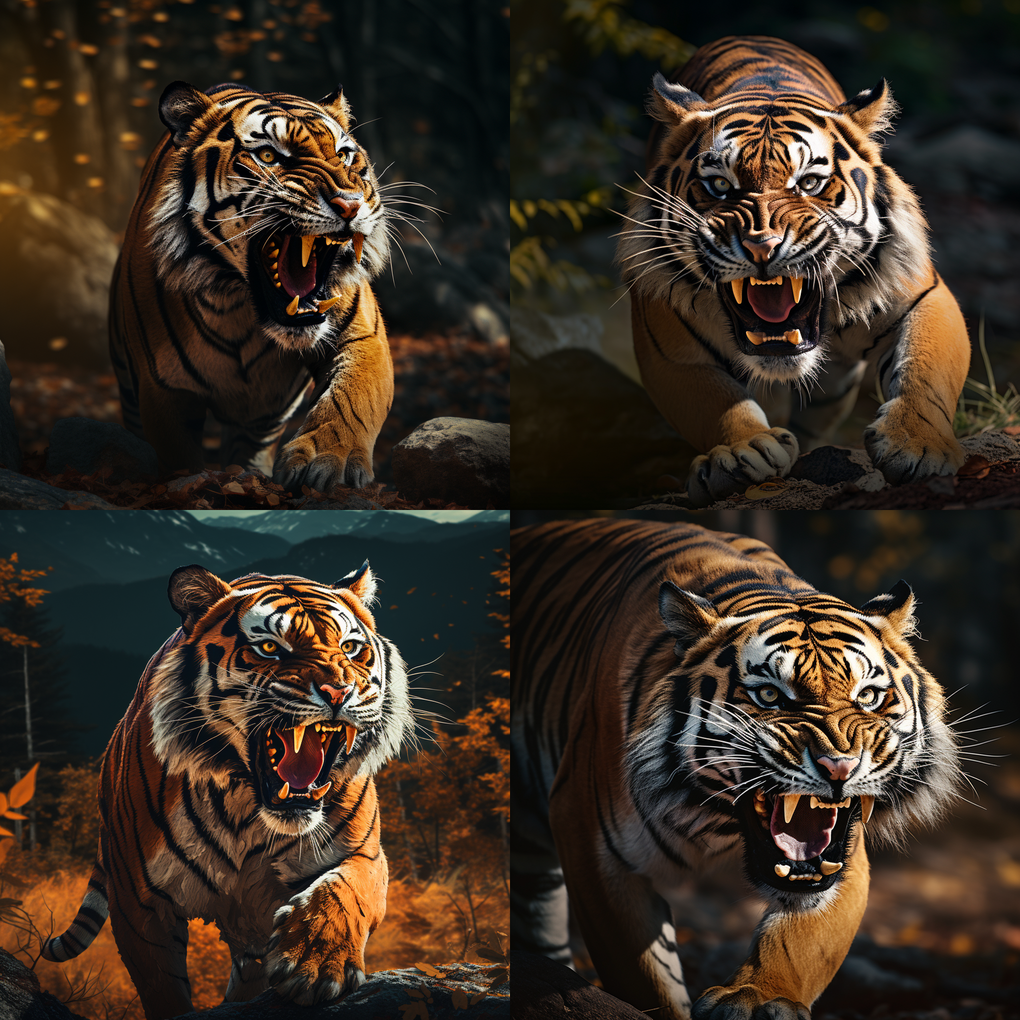 老虎咆哮，深林山峰背景，逼真神态，锐利线条，纯黑背景，柔光照明，超高清8k，艺术美感，高分辨率，古典技法，对焦清晰，细节丰富，色彩柔和，神秘静谧。