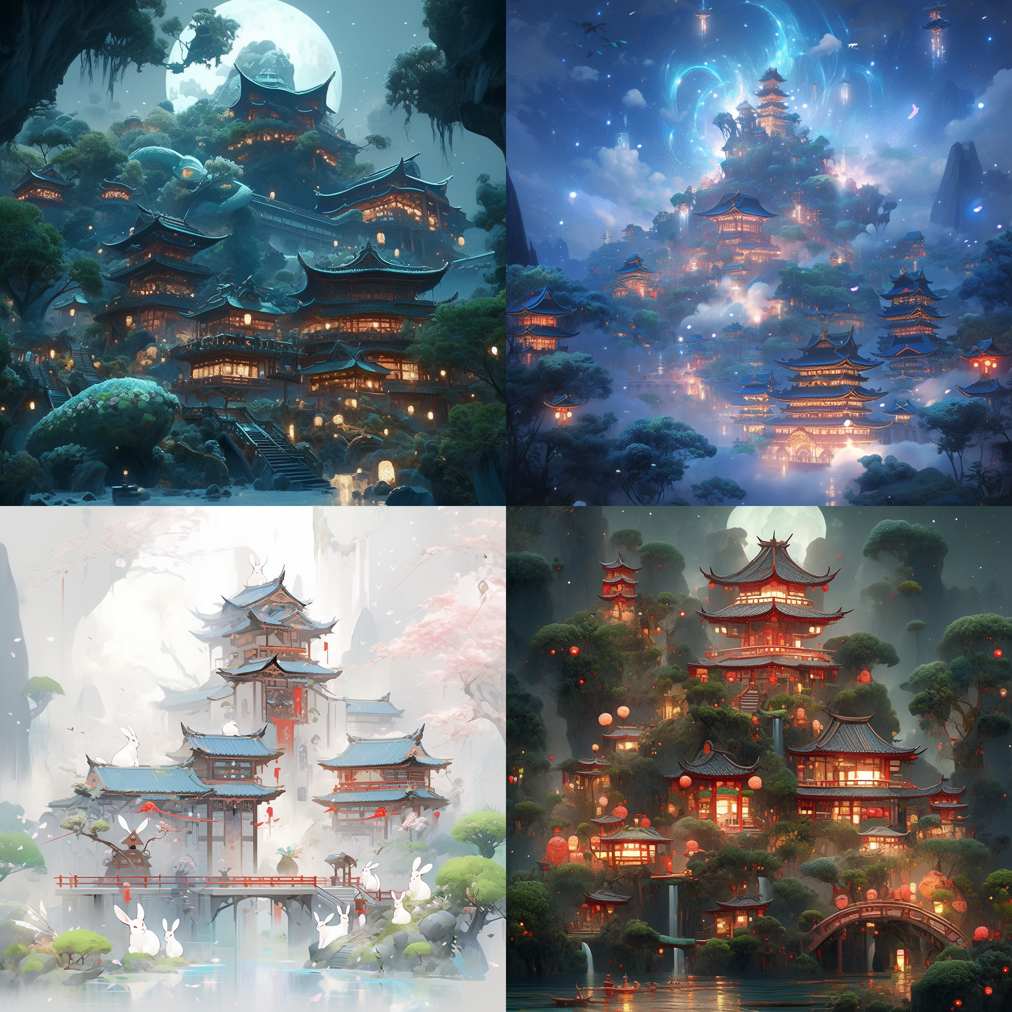 乌龟，兔子，赛跑，有亭台楼阁，中式飞檐，建筑内部闪闪发光，位于绿色茂密的森林中,。在超现实的古代中国cg渲染中,江南古建筑小镇旁有瑶琳仙境，,星星璀璨,烟雾迷人,枫叶的叶树,雪景,高清，震撼