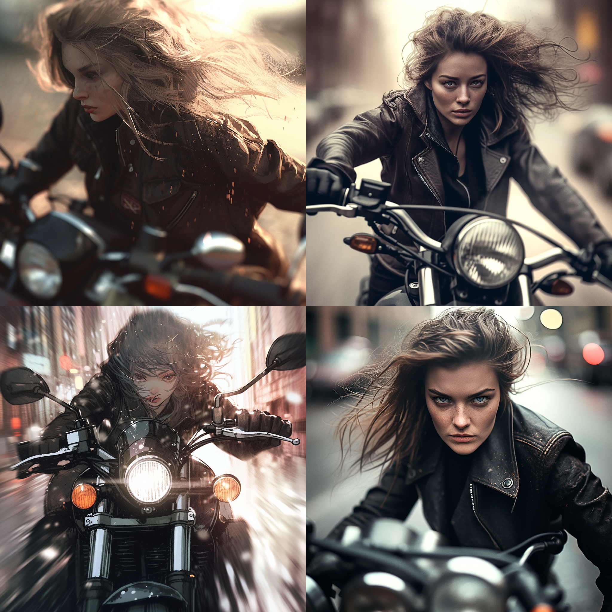 骑摩托的女生，传统黑色皮衣，诱惑，坚毅表情，远景，自然光，长焦镜头，细节清晰，古朴色调，历史感，动态模糊，风景背景，黑白对比，冷色调，神秘感，力量感。