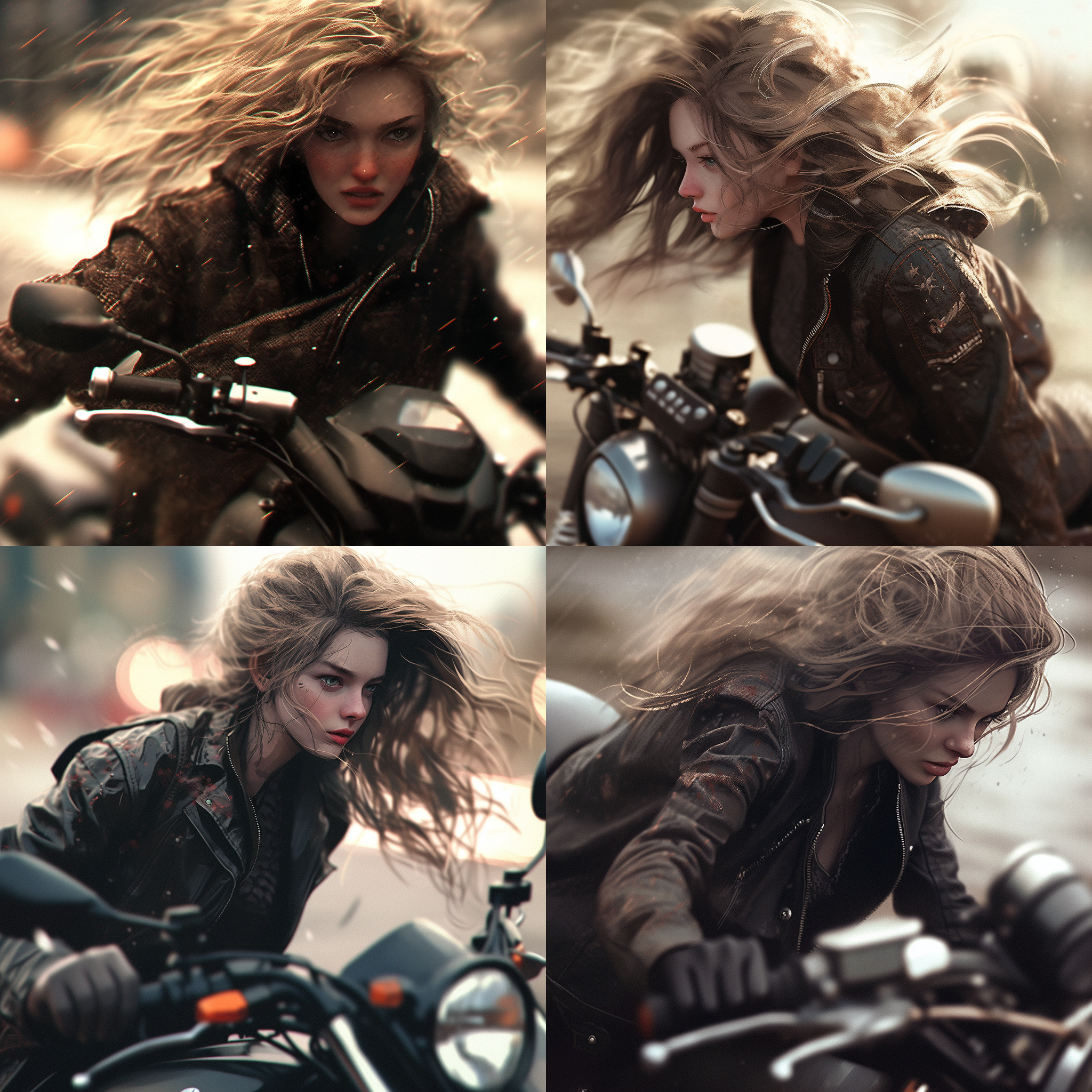 骑摩托的女生，传统黑色皮衣，诱惑，坚毅表情，远景，自然光，长焦镜头，细节清晰，古朴色调，历史感，动态模糊，风景背景，黑白对比，冷色调，神秘感，力量感。