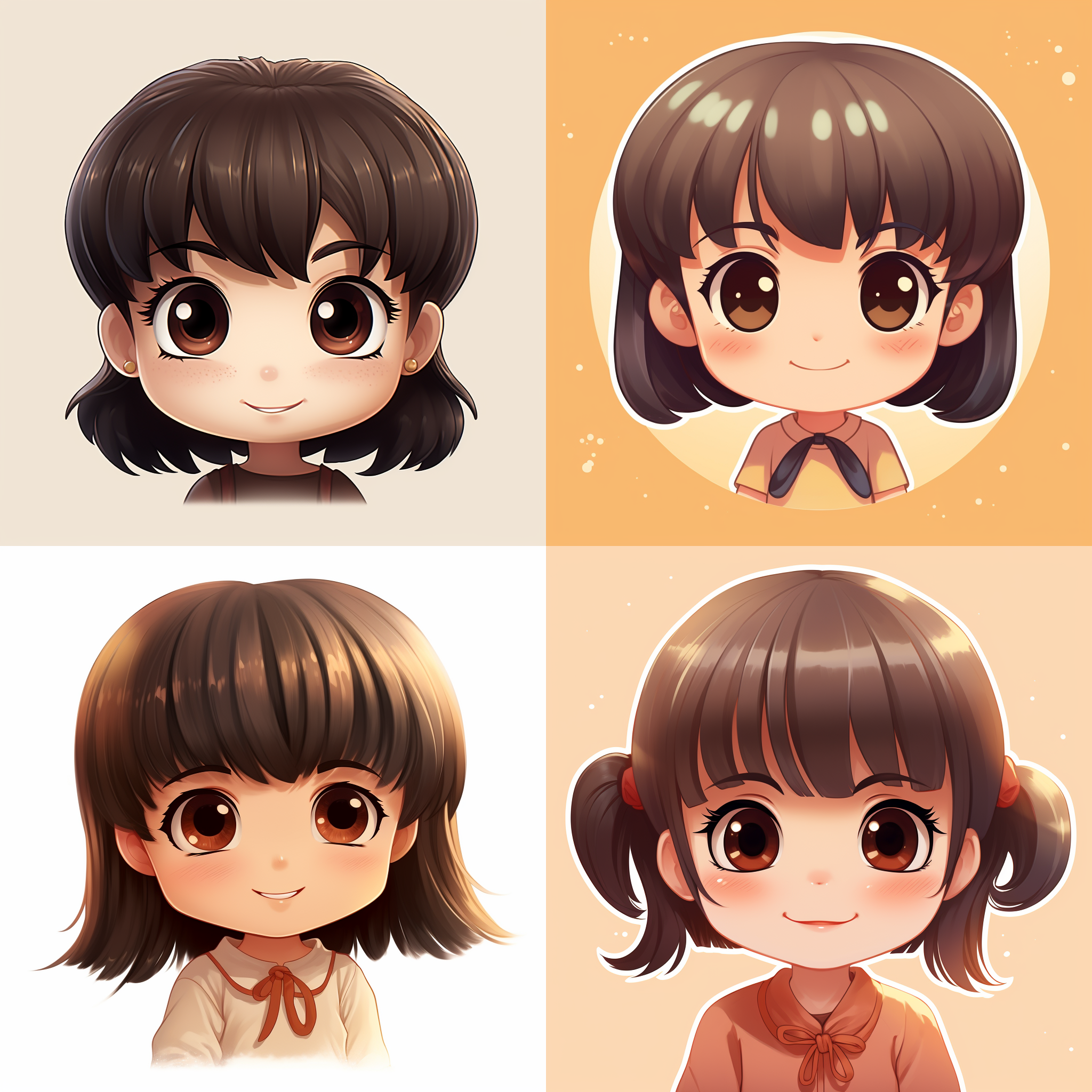 表情包设计，by宫崎骏，女孩头像，深棕色大眼睛，短马尾，齐刘海，呆萌，开心，安静， 宫崎骏