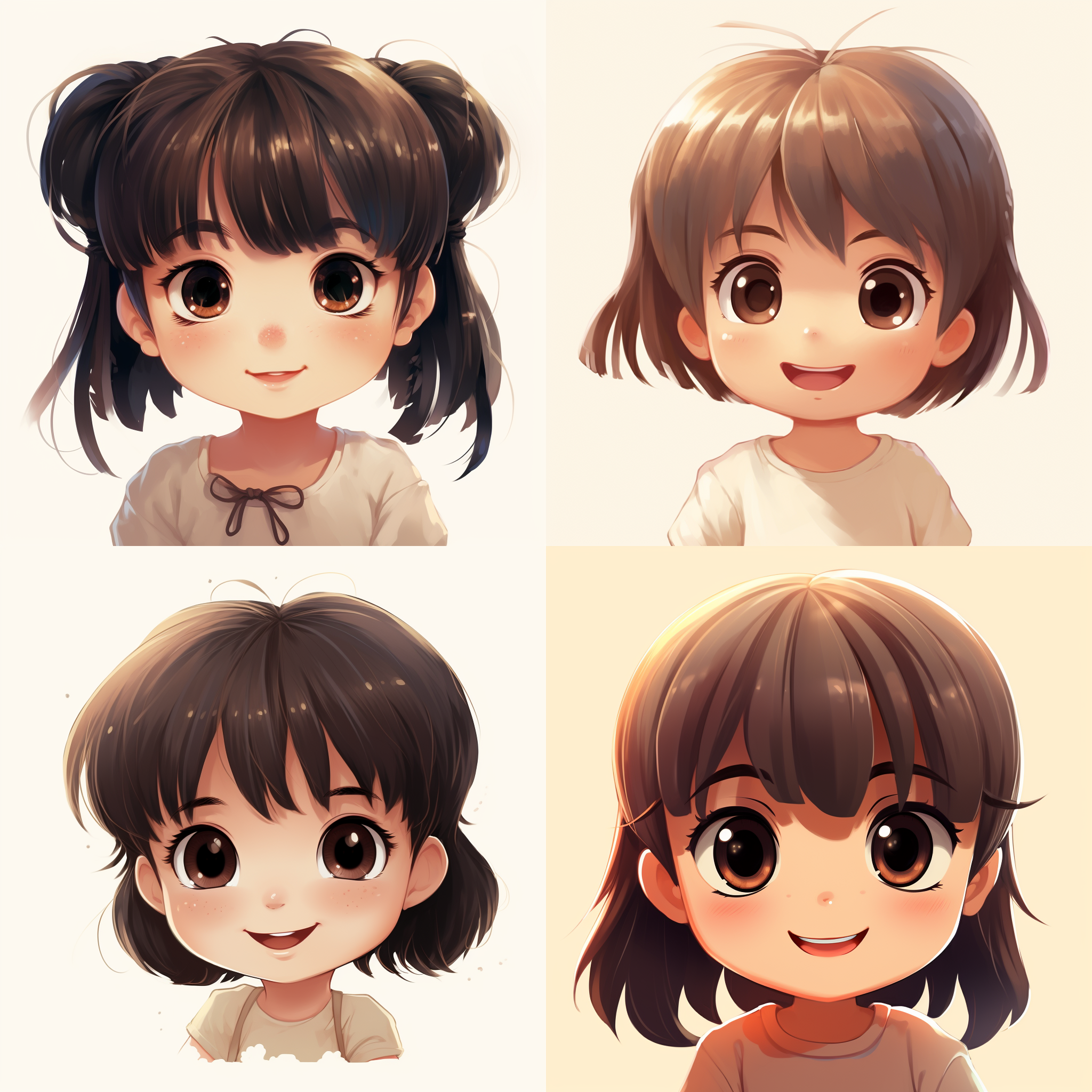 表情包设计，by宫崎骏，女孩，深棕色大眼睛，短马尾，齐刘海，呆萌，开心，安静， 宫崎骏