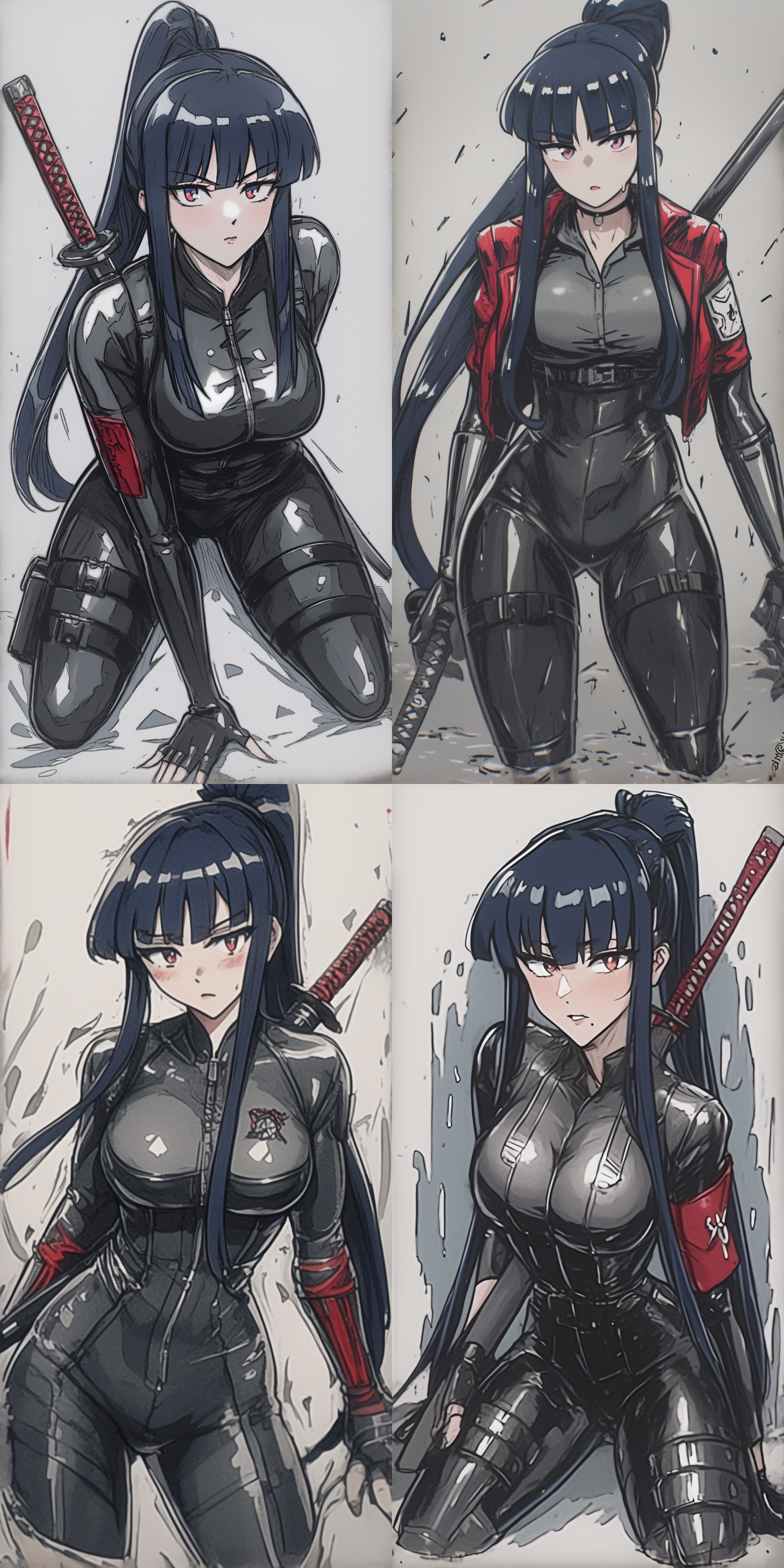 美少女，身材火辣，黑色长发，站立，直发，秘密特工，黑色无袖紧身胶衣，神秘，女性魅力，可爱，硬光，高光，荧光，霓虹光，轮廓光，梦幻氛围，侧光，半袖黑色胶皮手套，黑色高跟长靴，手拿太刀，全身图片