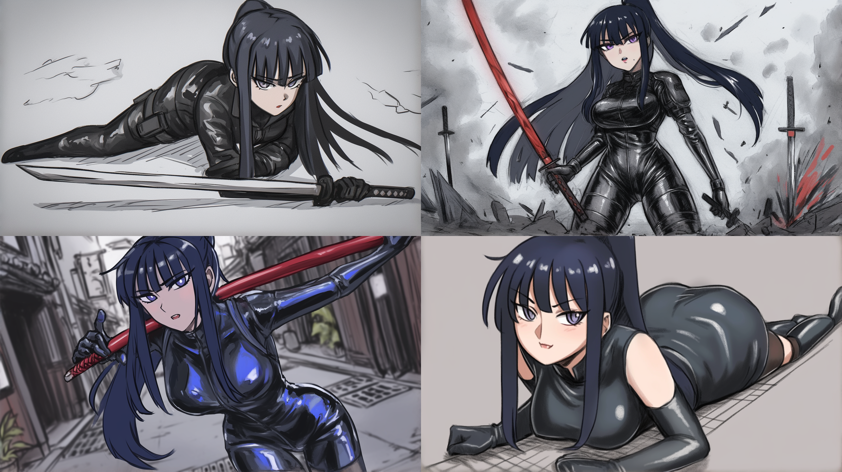 美少女，身材火辣，黑色长发，站立，城市道路，直发，秘密特工，黑色无袖紧身胶衣，神秘，女性魅力，可爱，硬光，高光，荧光，霓虹光，轮廓光，梦幻氛围，侧光，半袖黑色胶皮手套，黑色高跟长靴，手拿太刀，全身，仰视角