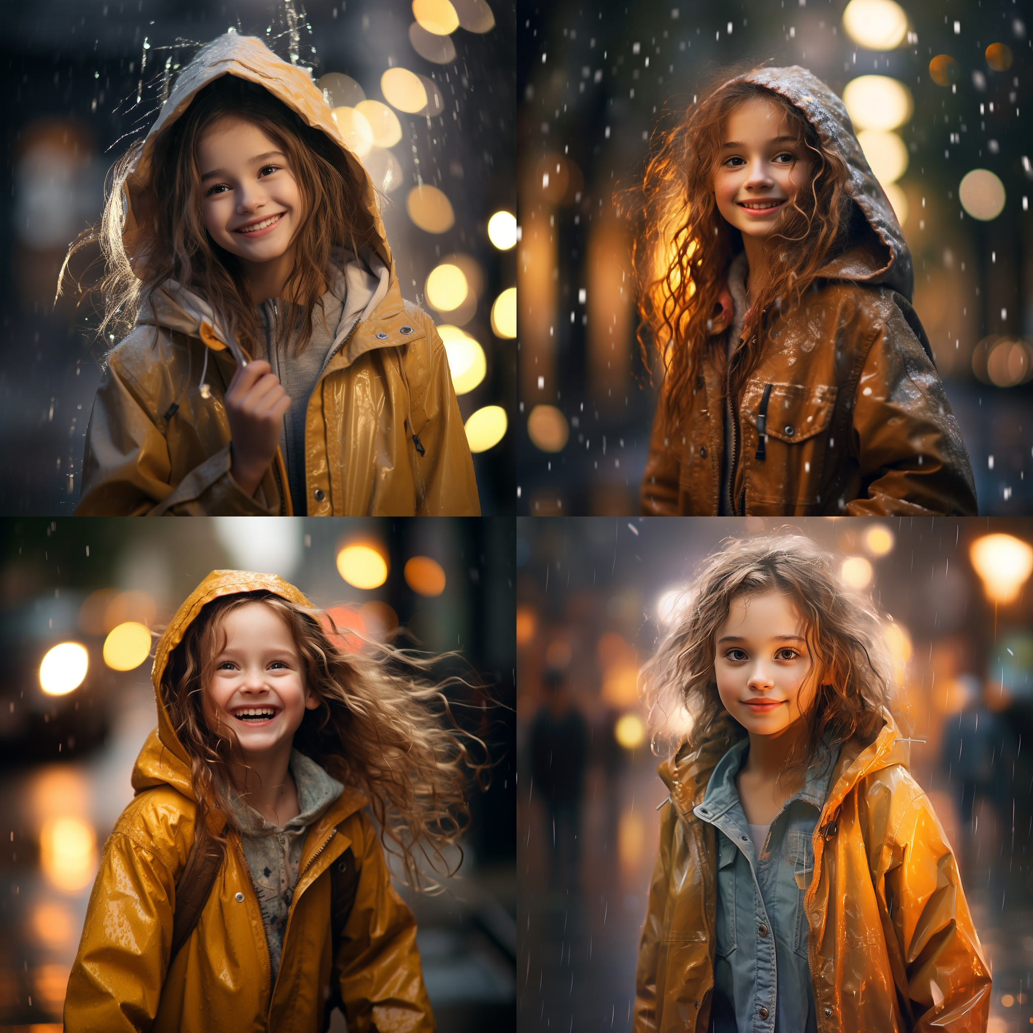 雨天漫步的少女，大眼睛闪烁着快乐，穿着雨衣，笑容灿烂，街道湿润，雨滴轻拍，构图中心，柔和光线，中焦镜头，自然色彩，温馨氛围，轻盈步伐，愉悦表情。