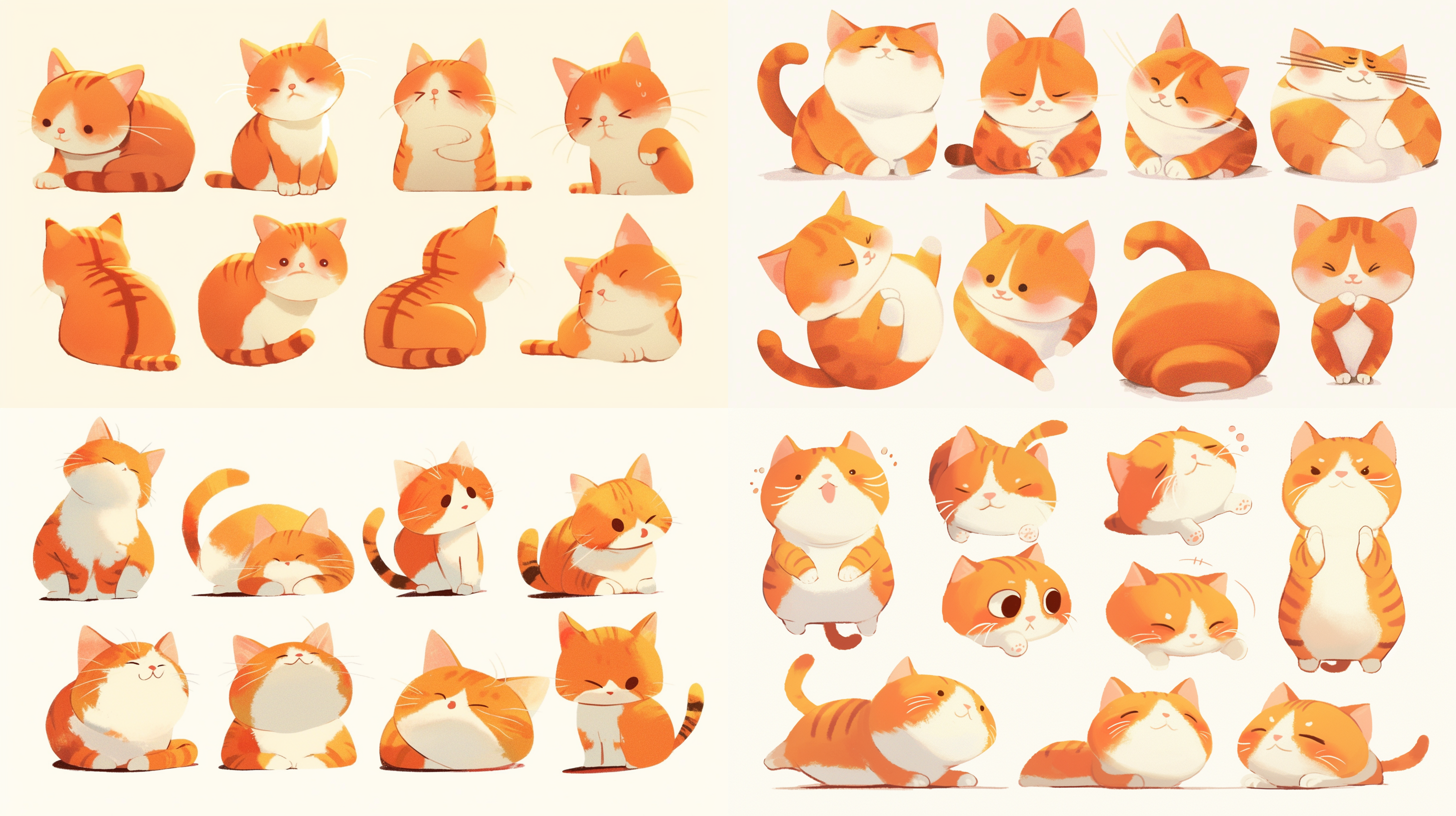 橘白猫表情丰富，白色背景，漫画线条，色彩鲜明，简单细节，8k，极简风格，十二种动态及夸张表情，扁平化设计，高饱和度，清晰线条，不同视角，均匀光线，轻松氛围，创意构图，夸张表情，扁平化，高饱和，清晰线条，不同视角，均匀光线，轻松氛围，创意构图。