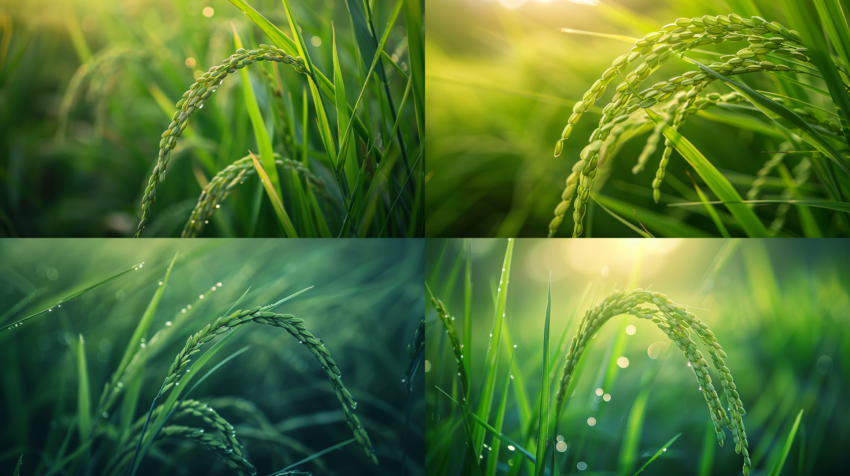 水稻植物，低角度拍摄，细节丰富，自然光线，微距镜头，完整水稻，绿色调，生机勃勃，和谐，宁静，通感艺术，三分法构图。