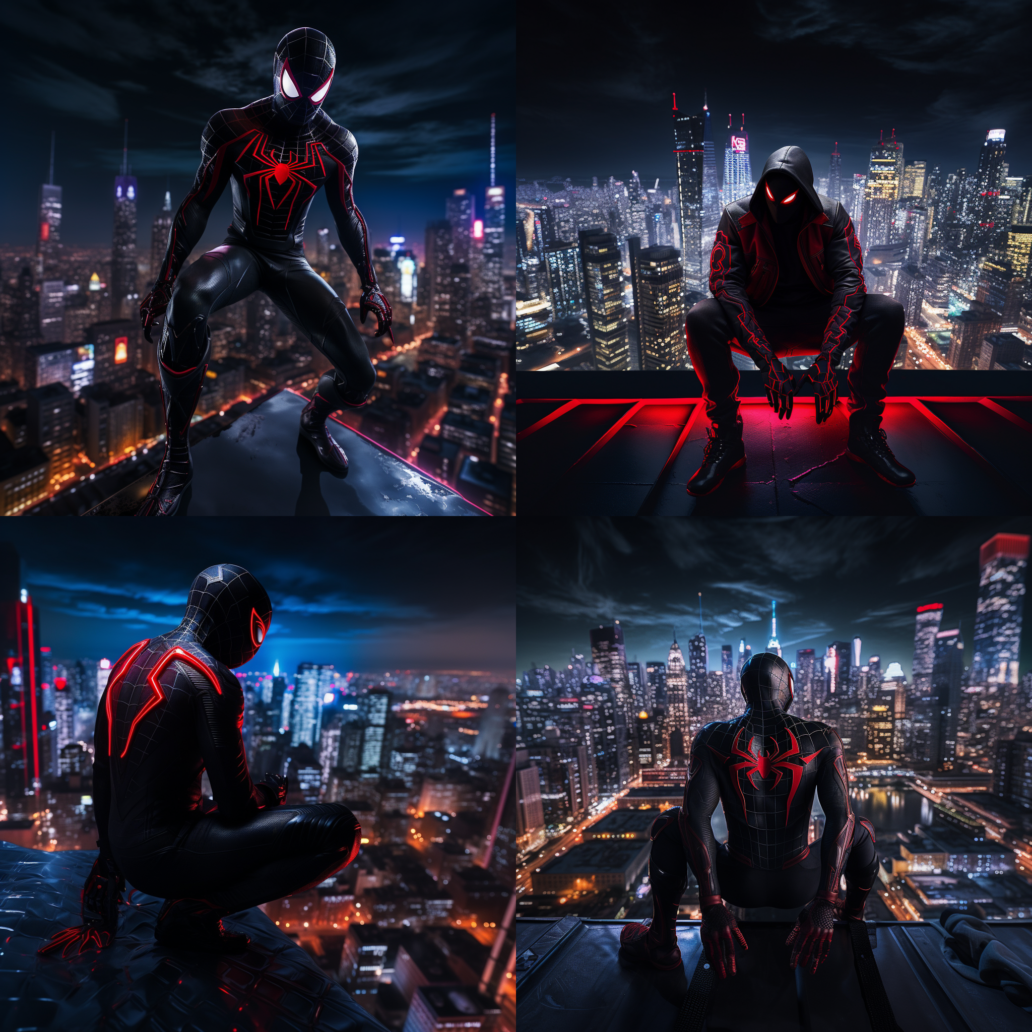 纽约夜景，霓虹灯照亮繁忙街道，高耸的摩天大楼反射玻璃，迈尔斯·莫拉莱斯身穿黑红蜘蛛侠服装，站在屋顶边缘，目光坚定俯瞰城市。都市风光，夜景摄影，霓虹色彩，高楼林立，广角镜头，顶光，动态模糊，反射效果，决心表情，动感姿势。