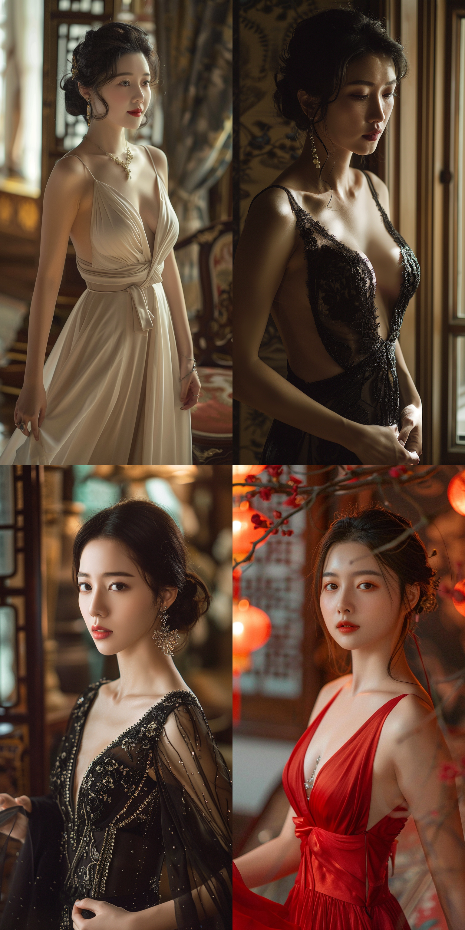 中国美女，曲线玲珑，深v晚礼服，优雅姿态，室内豪华，柔和光线，长焦镜头，高分辨率，细腻肤色，自信微笑，高贵气质。