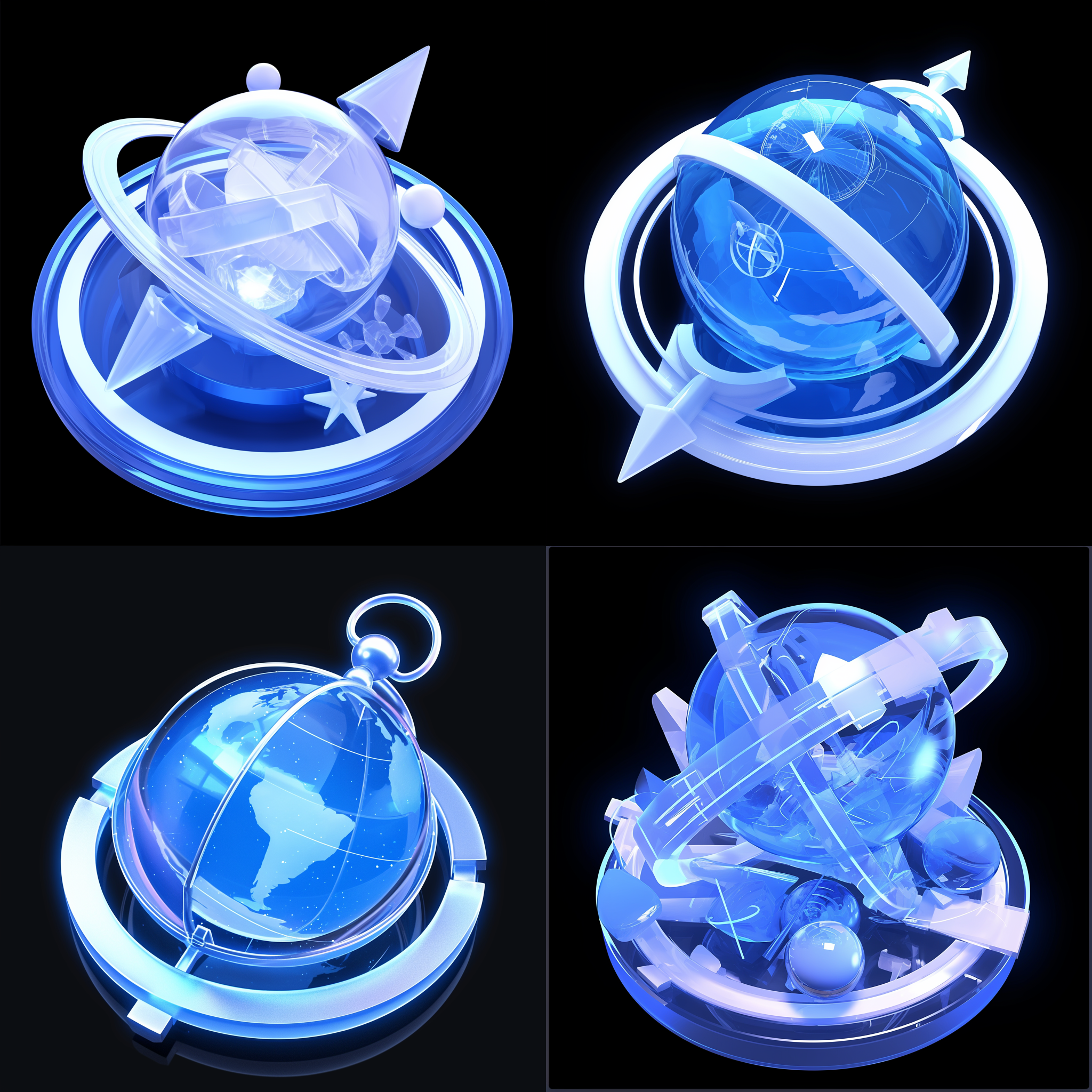 a astrolabe icon，blue，frosted glass transparent technology sense industrial design，white background sense industrial design，white background studio lighting. 3d,c4d,blender，oc rederer high detail, 8k