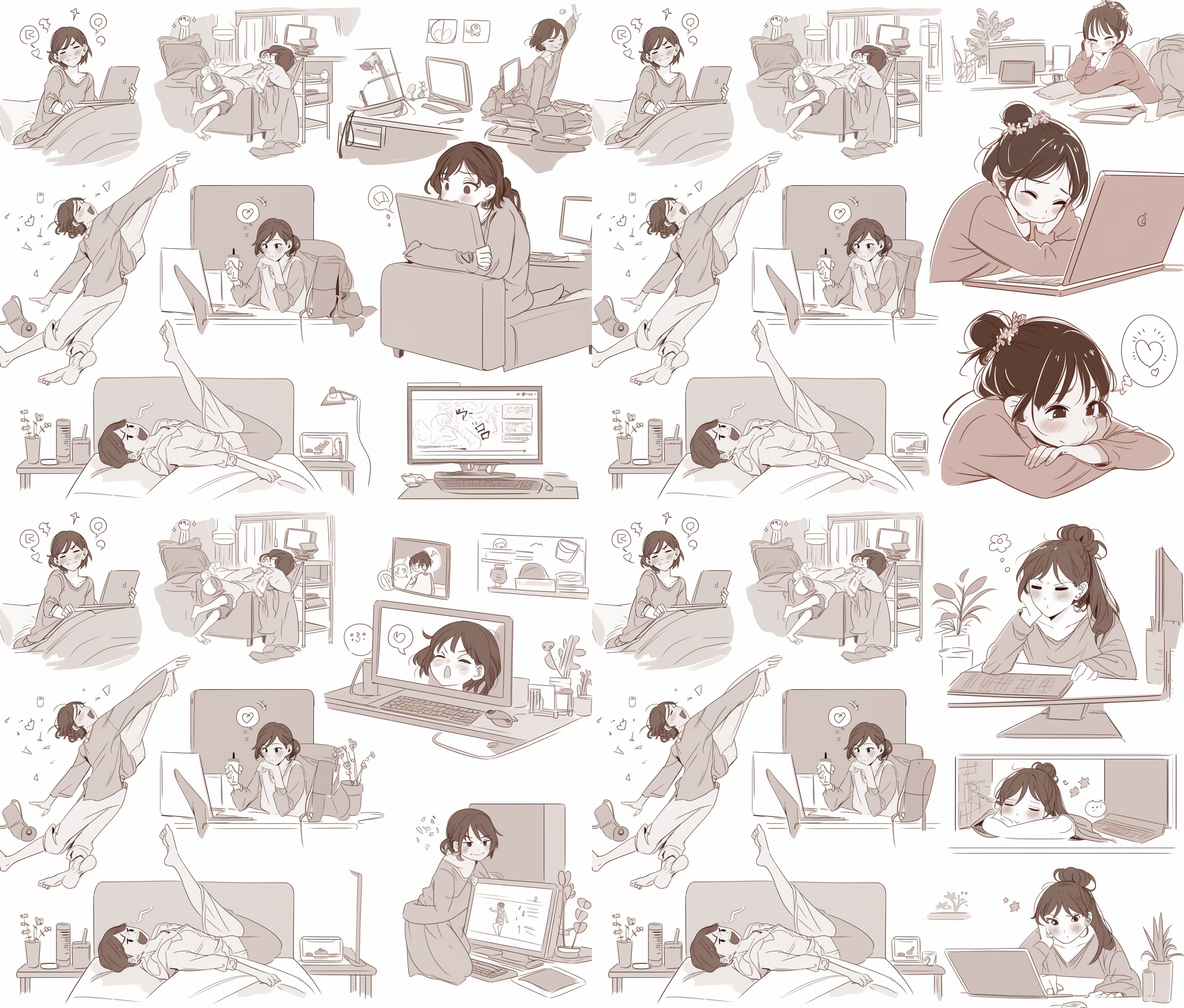 打工人精神状态，女生躺床上、坐电脑前、出去玩，卡通q版插画，白色背景，单色，表情符号[高兴,愤怒,悲伤,哭泣,提示,期待,大笑,反驳]，多种poss和表情，夸张动作，明亮色彩，简洁线条，生动表情，对比鲜明。