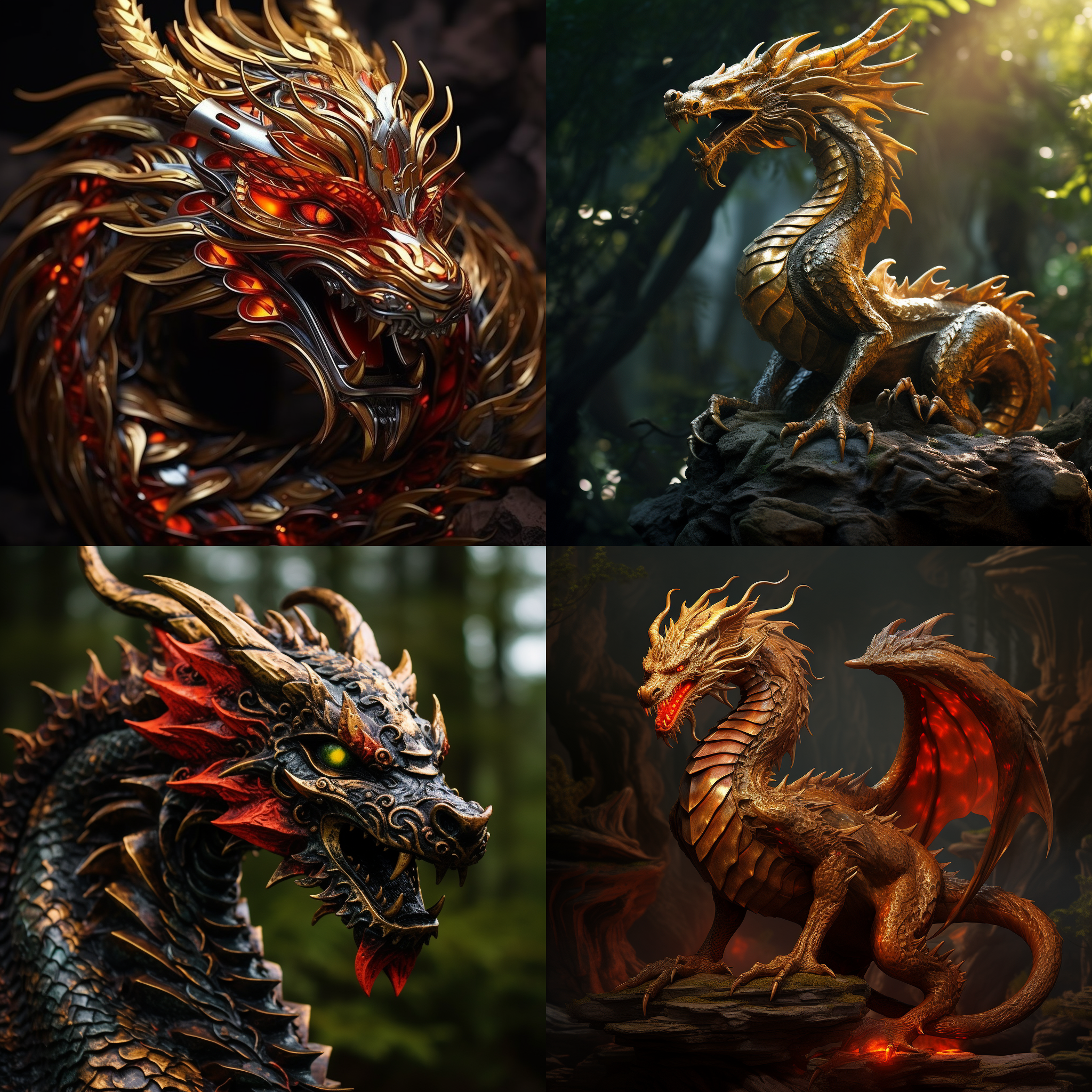 龙神秘威猛，金红鳞片闪耀，深邃龙眼如宇宙黑洞，智慧力量并存。蜿蜒龙身缠绕古岩，茂密森林环绕，阳光斑驳洒落，庄严神秘。尖锐龙爪，长力龙尾，狂风摆动，树木颤抖。火焰喷吐，空中翻滚，照亮四周，象征威严力量。高对比度，广角镜头，自然光，动态捕捉，细节丰富，神秘氛围，力量感，庄严感。