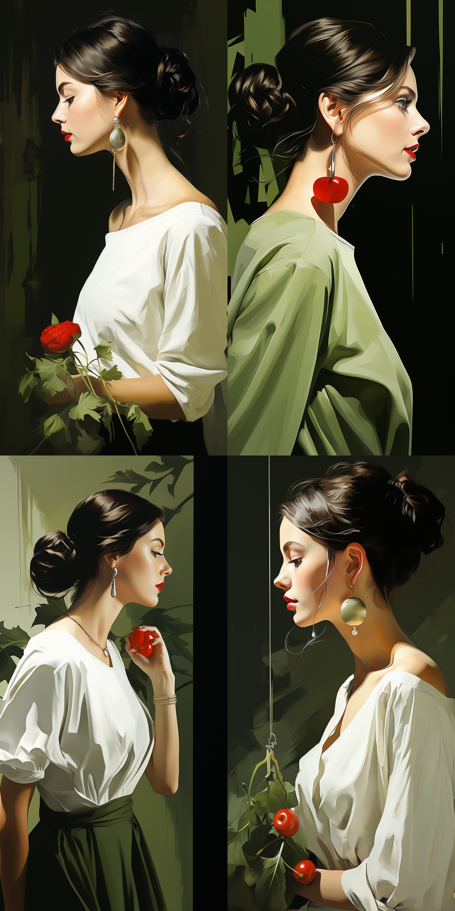 女孩侧面，牛油果绿背景，极简艺术，白色连衣裙，红唇，迷人眼神，绿色复古耳环，柔和光线，低饱和色调，宁静氛围，平面插画，轮廓清晰，细节精致，静谧场景，优雅姿态，细腻笔触，淡雅色彩，温柔表情，艺术感，现代风格。