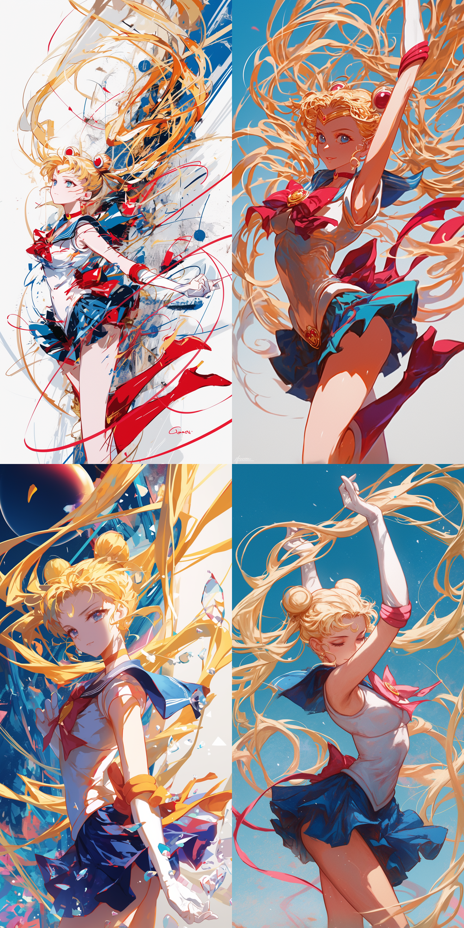 水手月亮，白色背景，线条草图，比例精确，动态姿势，3d效果，深度增强，红色，金色，蓝色，局部上色，动态捕捉，清晰标记，比例准确，线条流畅，色彩鲜艳，表情生动，动作优雅，光影效果，细节丰富，背景简洁，焦点突出。