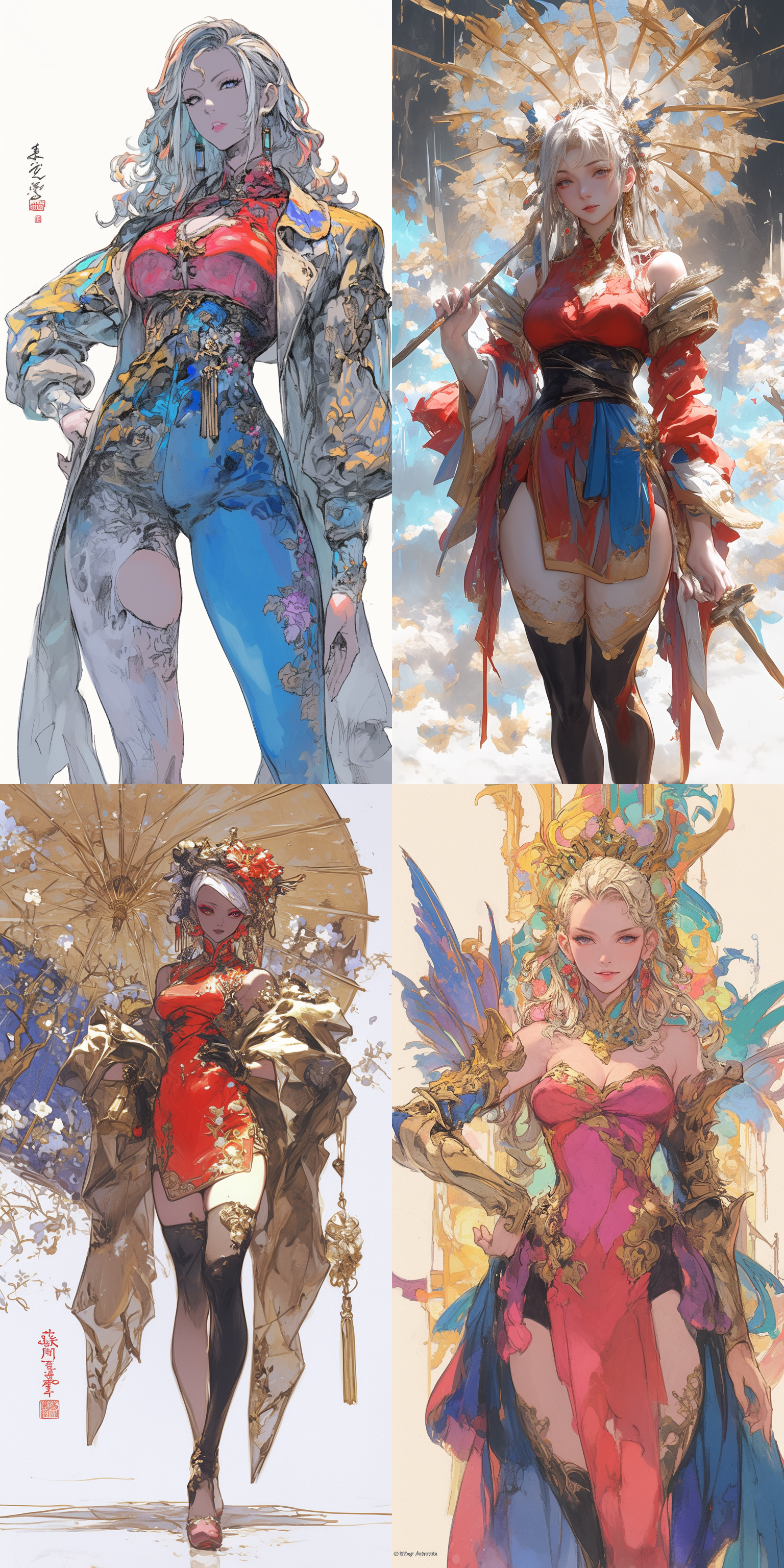 神里绫华，白色背景，线条草图，比例精确，动态姿势，3d效果，深度增强，红色，金色，蓝色，局部上色，动态捕捉，清晰标记，比例准确，线条流畅，色彩鲜艳，表情生动，动作优雅，光影效果，细节丰富，背景简洁，焦点突出。