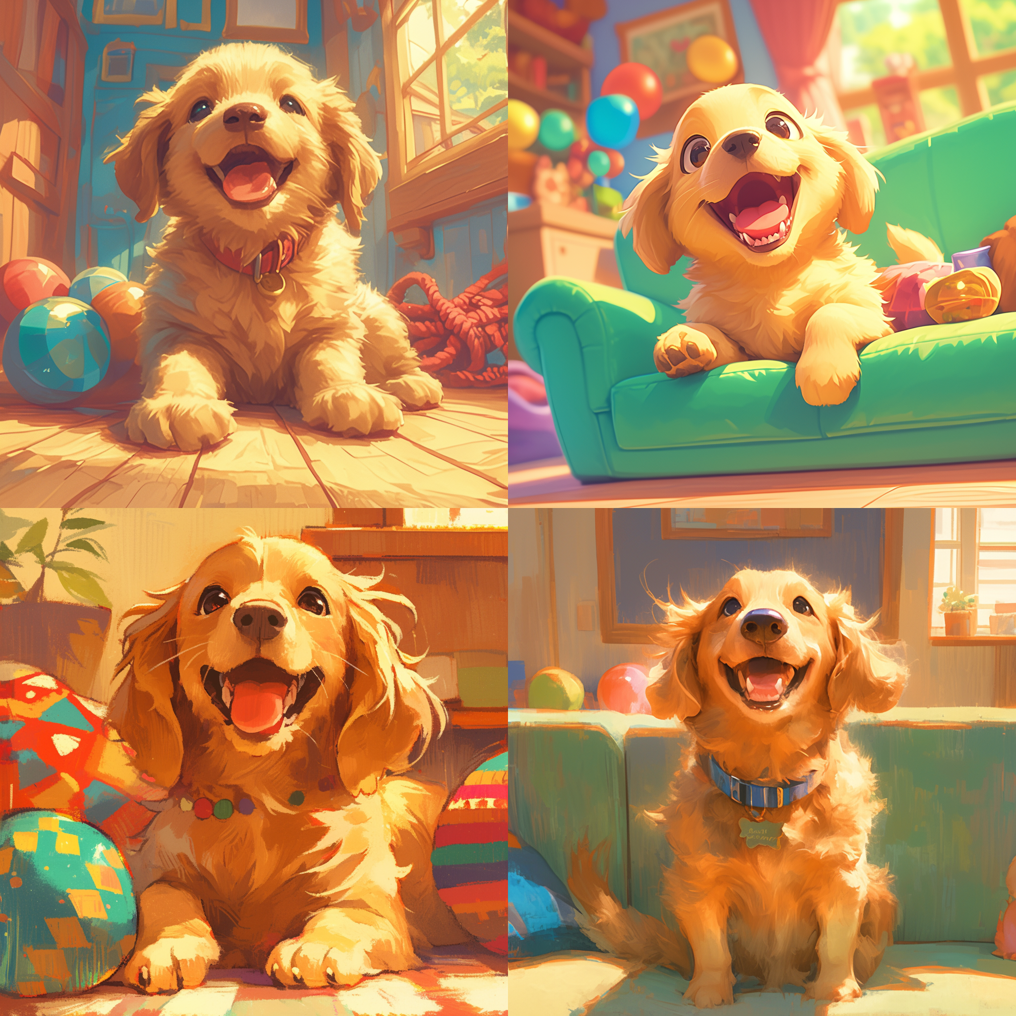 金毛寻回犬,快乐表情,彩色编织地毯,骄傲坐姿,微笑,温暖客厅背景,壁炉火焰,柔和阳光,玩具球,自然光与温暖灯光,土色调,明黄色,橙色,高分辨率,细节清晰,现实与可爱风格,强调眼睛和表情,室内环境,情感表达。 法国斗牛犬,悲伤表情,软枕,头枕爪子,下垂耳朵,卧室角落,蓝色绿色调,照片墙,空水碗,间接柔和灯光,柔和蓝色调,高分辨率,细节清晰,现实与可爱风格,强调眼睛和表情,室内环境,情感表达。 吉娃娃,愤怒表情,后腿站立,耳朵后背,露出牙齿,厨房背景,深色橱柜,黑白方格地板,跌落勺子,单灯强阴影,黑白对比,红色点缀,高分辨率,细节清晰,现实与可爱风格,强调眼睛和表情,室内环境,情感表达。 腊肠犬,惊讶表情,空中跳跃,前爪伸展,嘴巴微张,游戏室背景,彩色玩具,气球,球绳玩具,明亮阳光,鲜艳原色,高分辨率,细节清晰,现实与可爱风格,强调眼睛和表情,室内环境,情感表达。