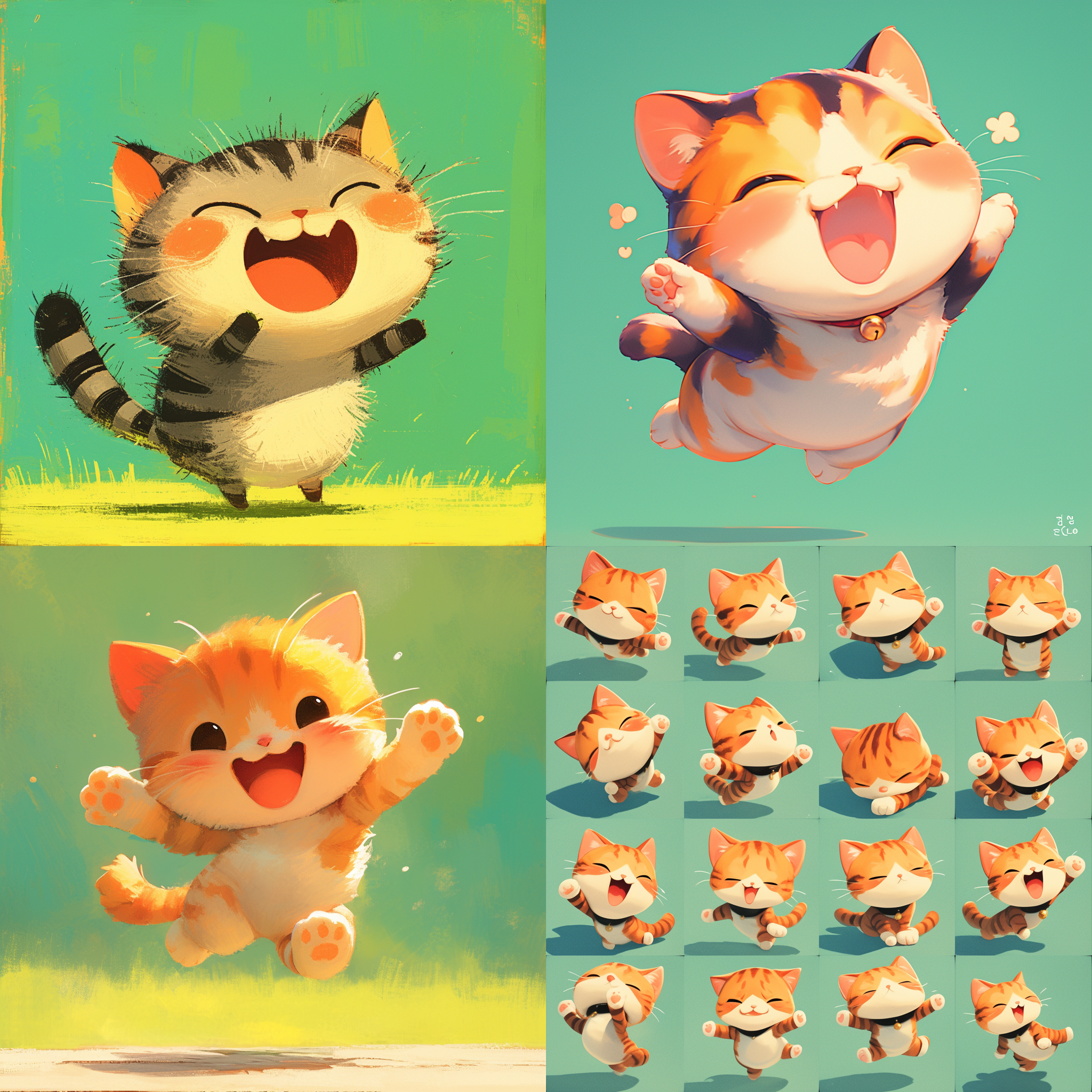 快乐小猫，夸张动作，卡通风格，绿色背景，鲜艳色彩，广角镜头，高对比度，侧光，快速快门，跳跃，庆祝，清晰定义，欢快，热情，经典可爱，怀旧，粉笔艺术，软边缘，3:4比例，250-400精细度，过度可爱，强调喜悦，随机生成16种表情，每个表情比例为240×240px。