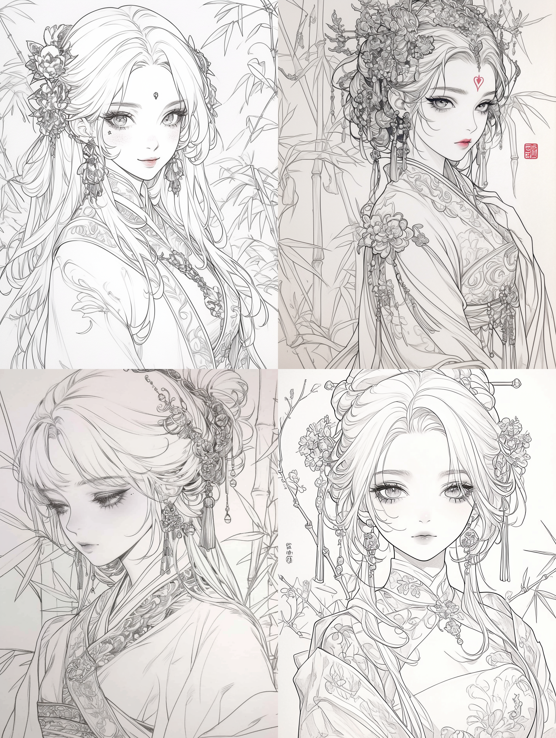 古风女性线稿，中心构图，简洁画面，华丽首饰，素描效果，纹理丰富，竹林背景，手绘感，静态，高对比度，暖色调，广角镜头，侧光，细腻纹理，古典美。