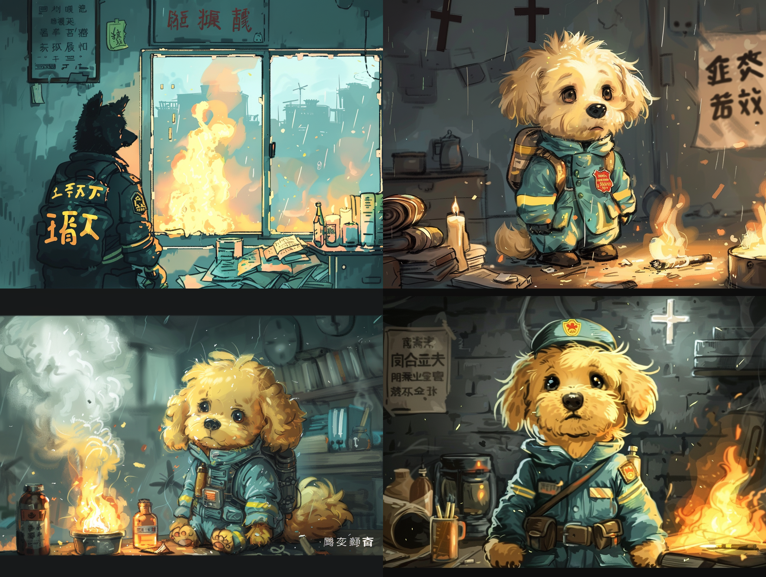 消防犬警告宿舍安全，消防犬穿制服，毛发细节，宿舍环境，明火危险，蜡烛，香烟，酒精灯，书本火堆，蚊香，文字警示，叉号禁止，细节丰富，光线柔和，色彩警示，紧张氛围。