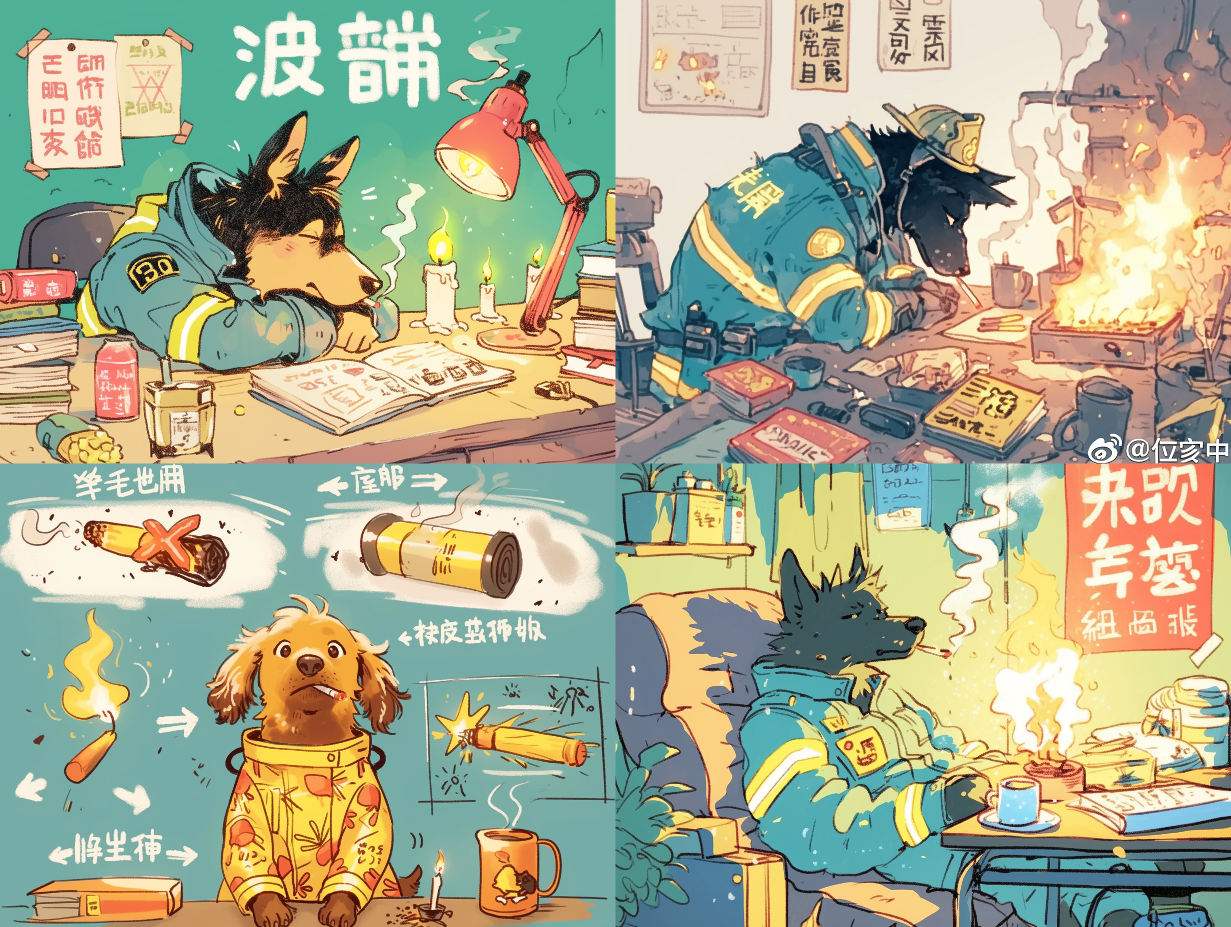 消防狗狗宣传宿舍安全，简笔画风格，狗狗穿消防服，毛发细节，点燃的蜡烛，点燃的烟，酒精灯煮饭，书本下火堆，点燃的蚊香，文字旁叉号，低饱和度，平面构图，细节线条，警示主题，室内场景，冷色调，侧光，静态快门，安全教育。
