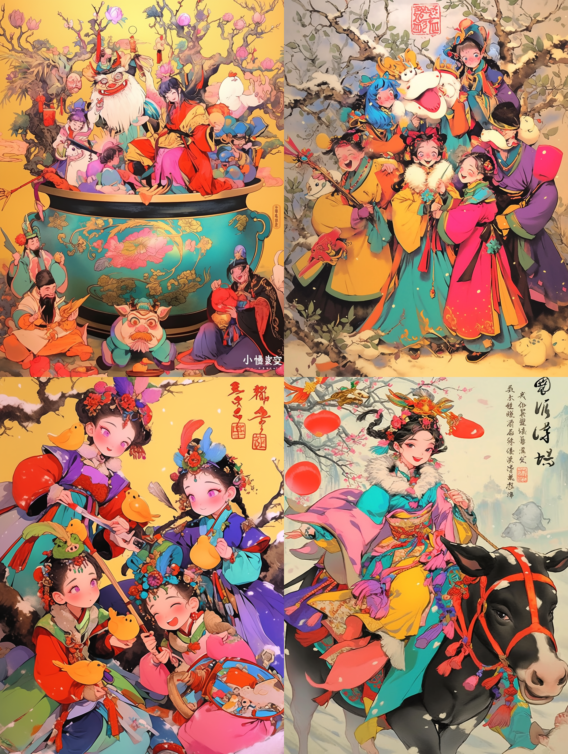民俗年画，国风q版，装饰画绘制，对称构图，浓郁色彩，传统元素，细腻笔触，温馨氛围，平滑光线，静态展示，欢乐情绪。
