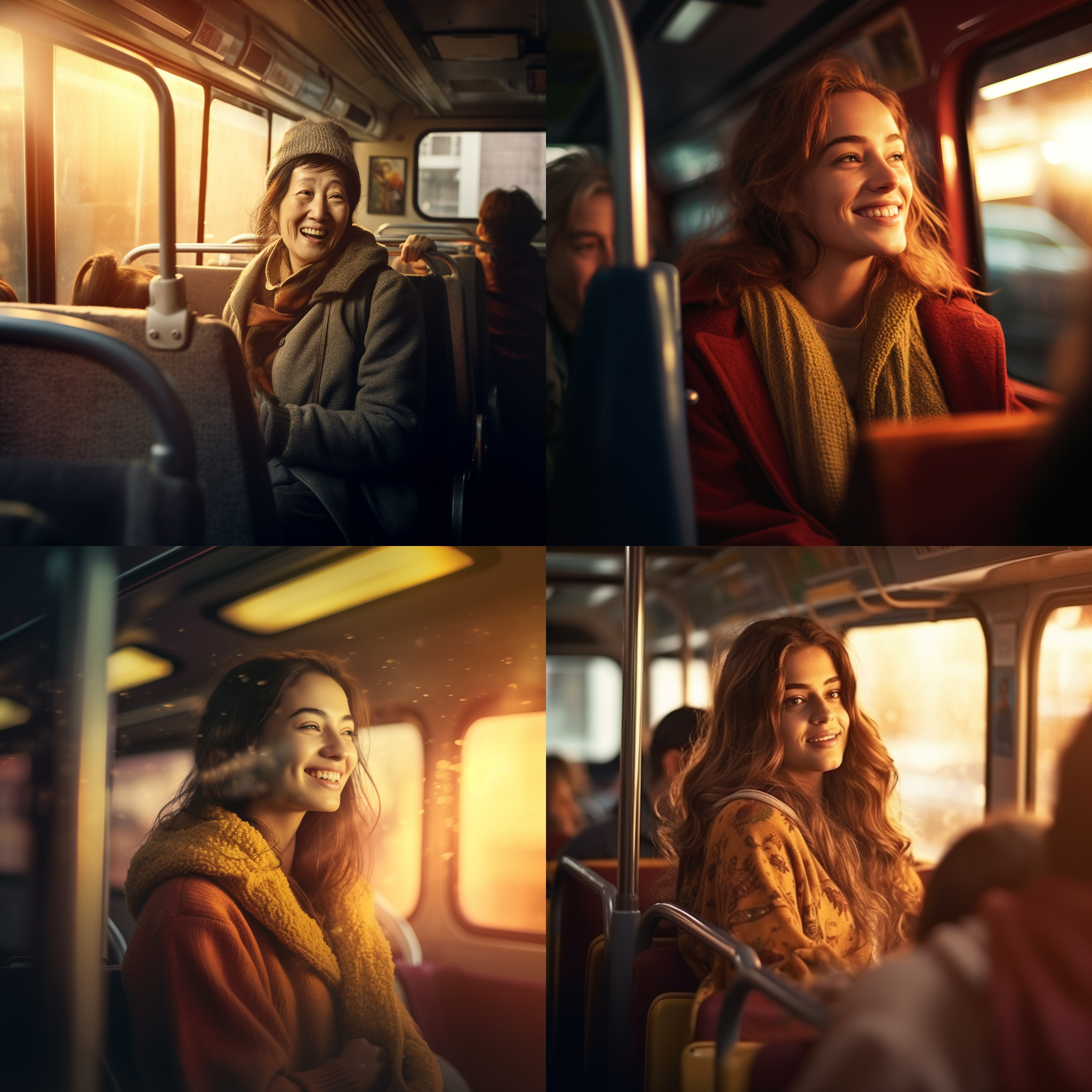 女乘客请求司机停车，车内场景，温馨氛围，公交车内部，柔和光线，标准镜头，正面光，慢速快门，感激表情，微笑道别，温暖色调。