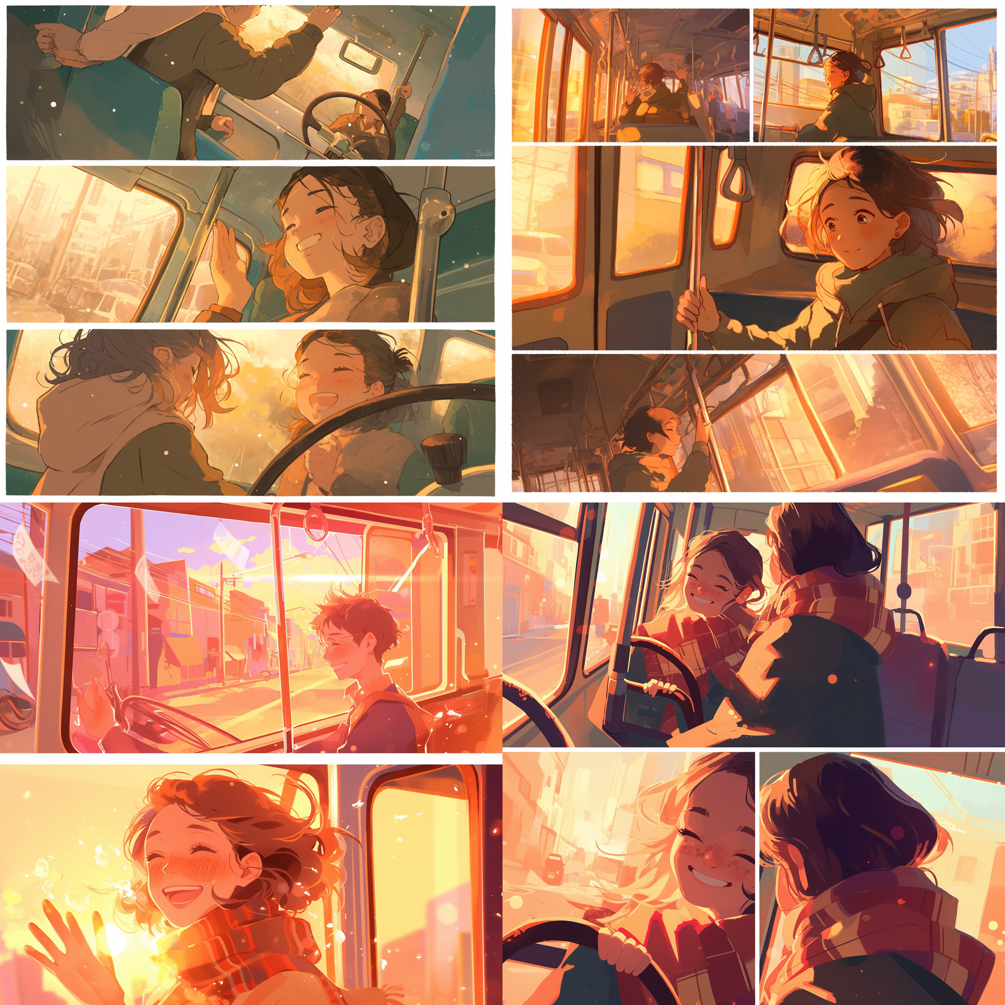 公交车行驶，女乘客请求停车，司机细心回应，八格漫画，温馨场景，城市街道，暖色调，广角镜头，自然光，缓慢快门，感激表情，微笑挥手，关怀氛围。