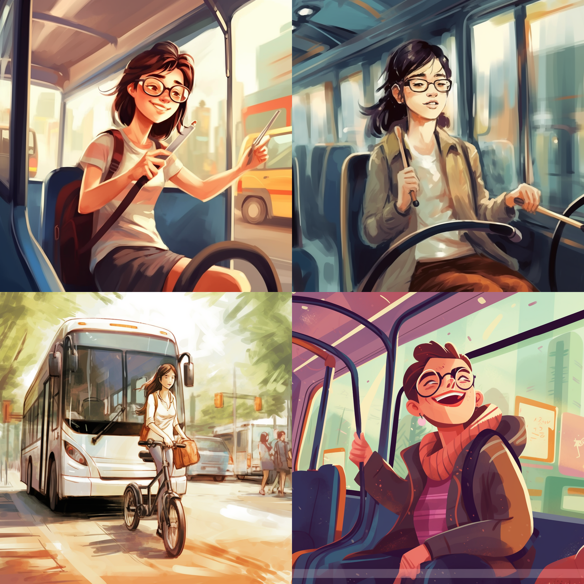公交车行驶,行动不便女乘客,司机帮助,漫画风格,温馨场景,城市街道,中景镜头,自然光,缓慢快门,感激,微笑,关怀。
