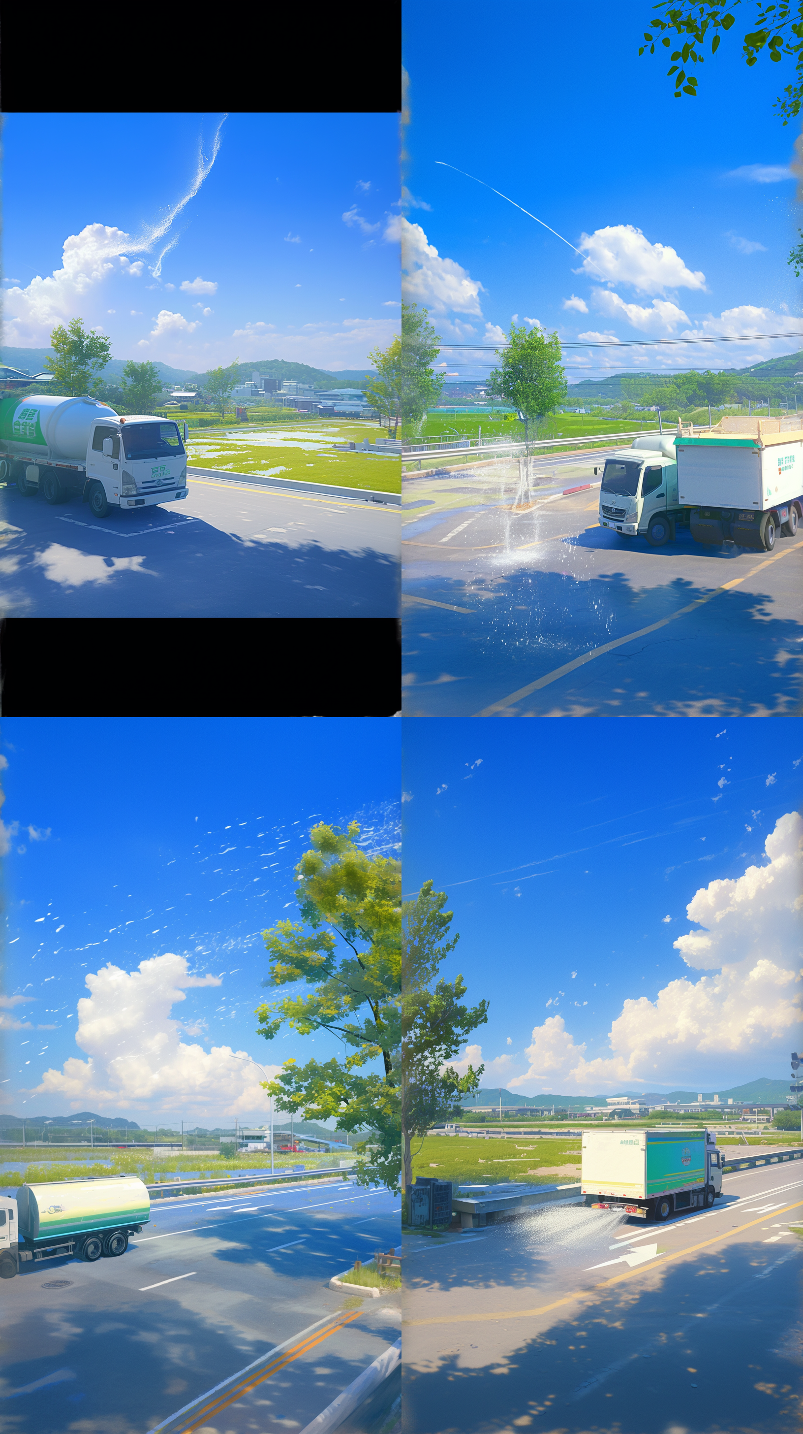 洒水车喷洒公路，炎炎夏日，太阳高照，天空湛蓝，动漫风格，宫崎骏风格，宽阔道路，清新色彩，柔和光线，远景镜头，动态水珠，生机勃勃，宁静和谐。