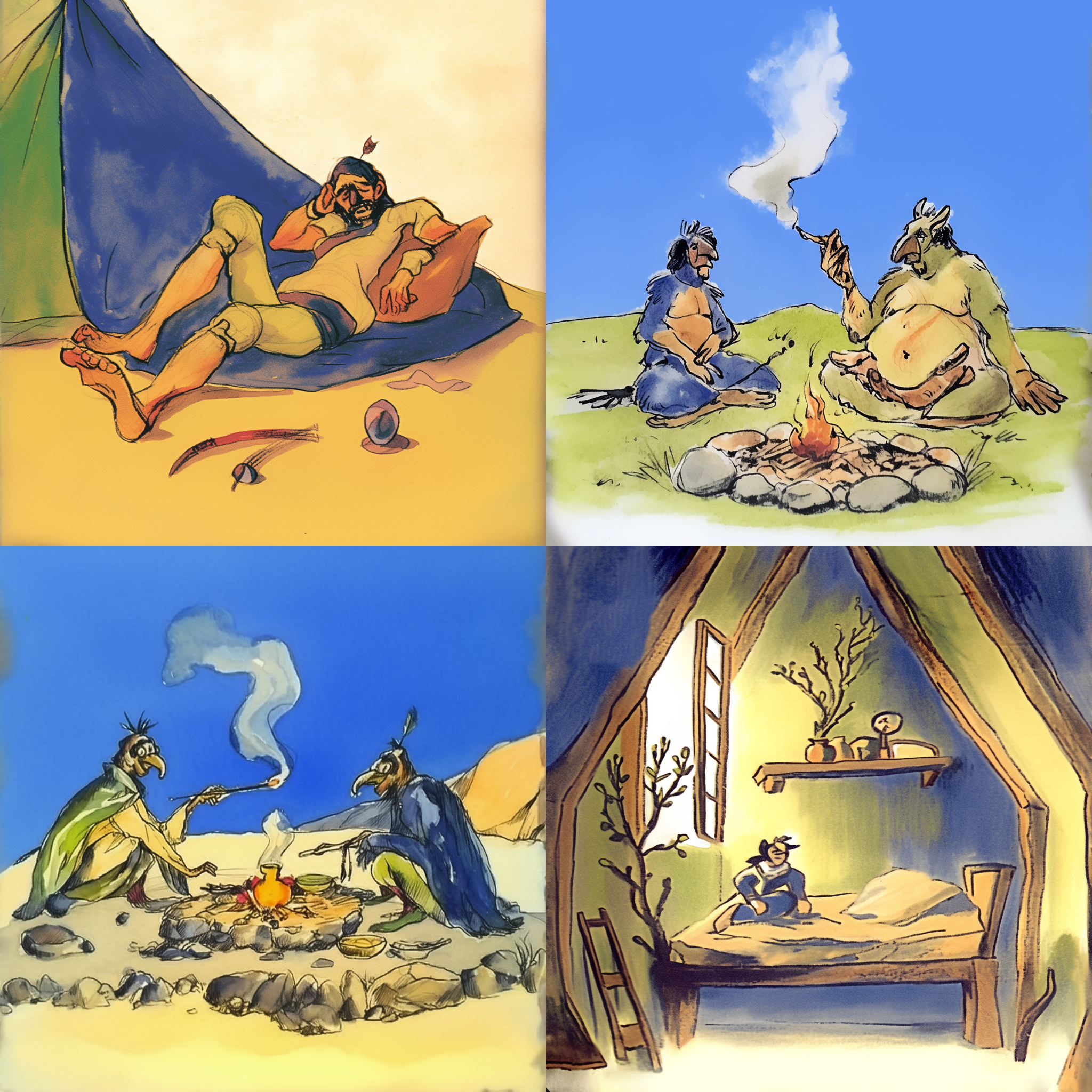 袋鼠，插画叙事，露营地，未整理的小床，扫描，苏菲主义，玩具，非洲平原，岩画，叙事，圆形裁剪，愚人，低质量，民间传说，地面视角，幽默插画，2.5d，梦幻民族学，对角线构图，暖色调，广角镜头，侧光，低分辨率，幽默表情，手绘风格，文化元素，梦幻色彩，叙事性强。 高调照明