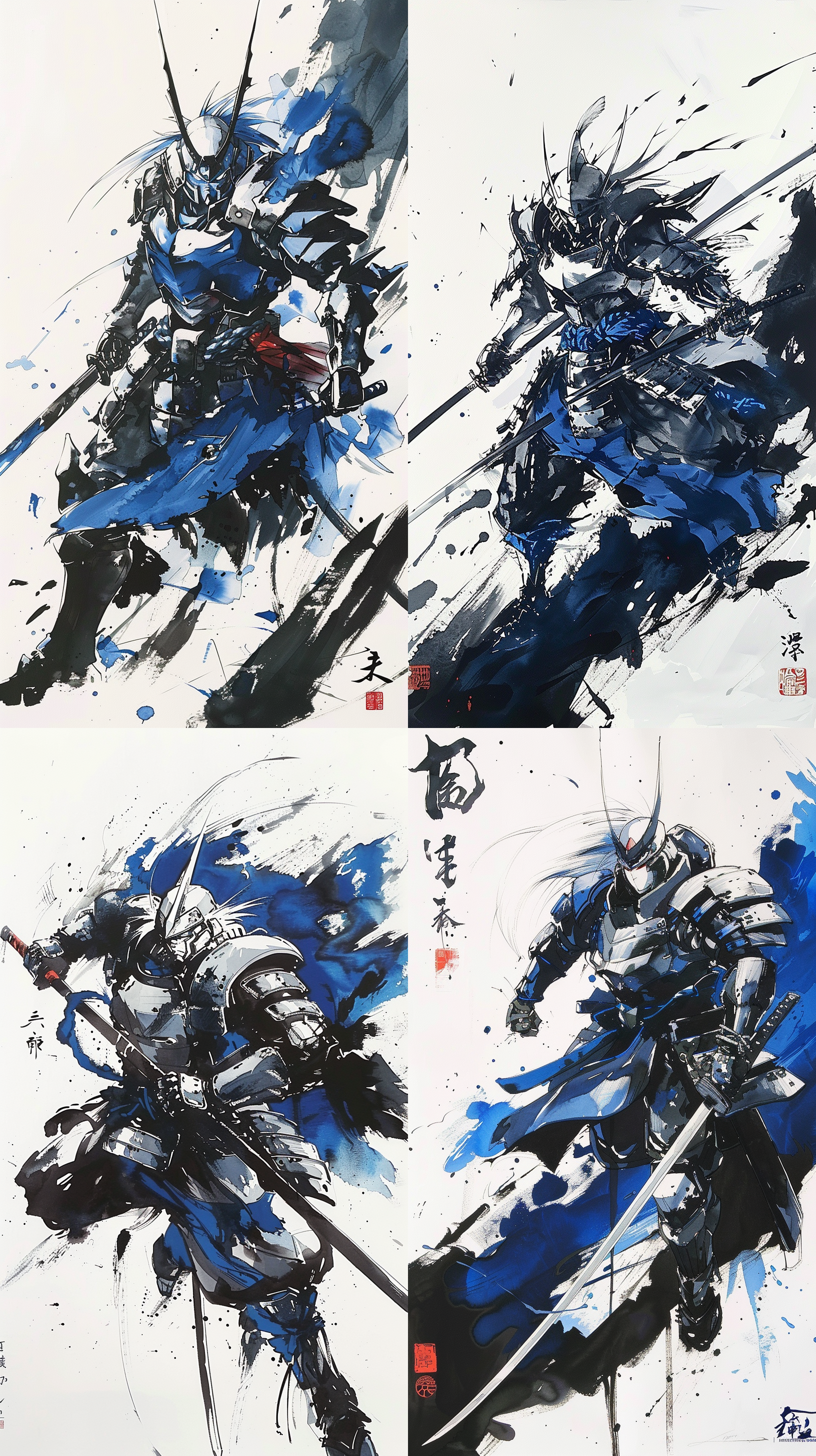 机动战士高达扎古机器人武士剑客水墨风格，eerie艺术风格，1:1专辑封面，天野喜孝，漫画与动画2010，机器人手持长剑，武士装束，面部表情冷峻，水墨渲染背景，神秘氛围，高对比度，黑白调，广角镜头，侧光，动态姿态，战斗场景，紧张情绪。