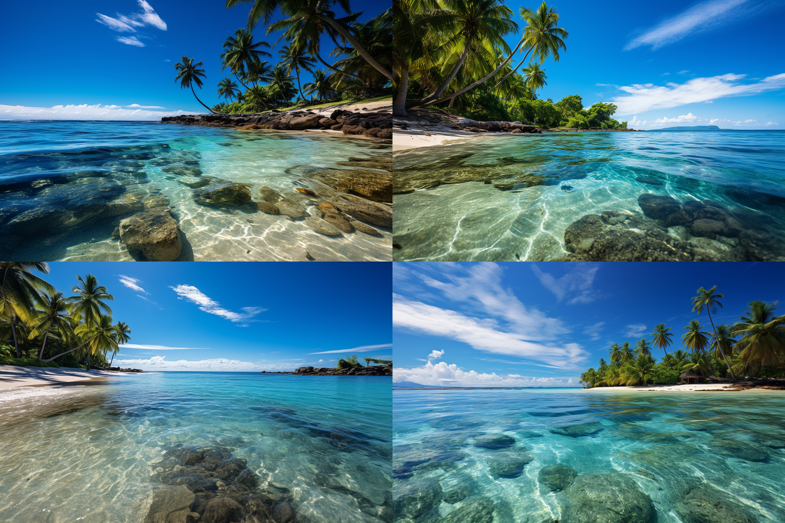 海边海水清澈碧蓝，沙子金黄明亮，太阳照亮海边，真实感，海边椰子树上有椰子，海上有个小岛，广阔视角，自然光线，长焦镜头，高饱和度，平静，宁静，热带风情，椰树细节，岛屿远景。