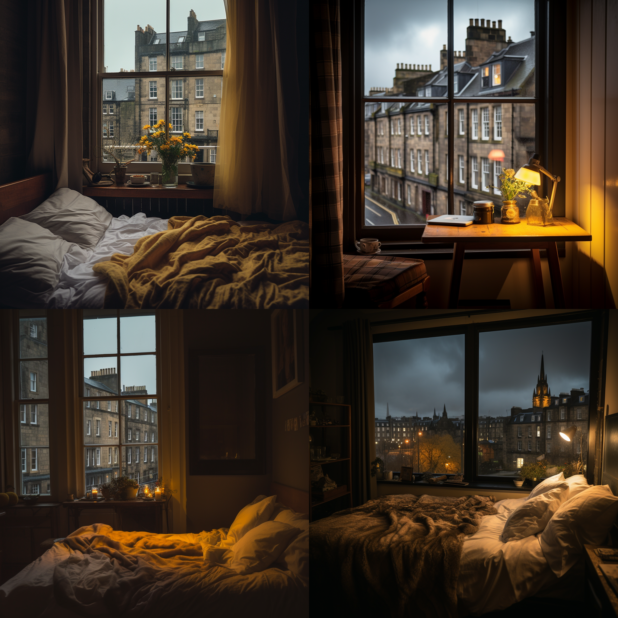 大床窗边，暖黄灯光，温馨治愈，窗外爱丁堡雨季，阴沉天气，昏暗建筑，匆忙路人。室内温暖，室外冷清，对比鲜明，长焦镜头，柔和光线，静谧氛围，舒适感，忧郁情绪。
