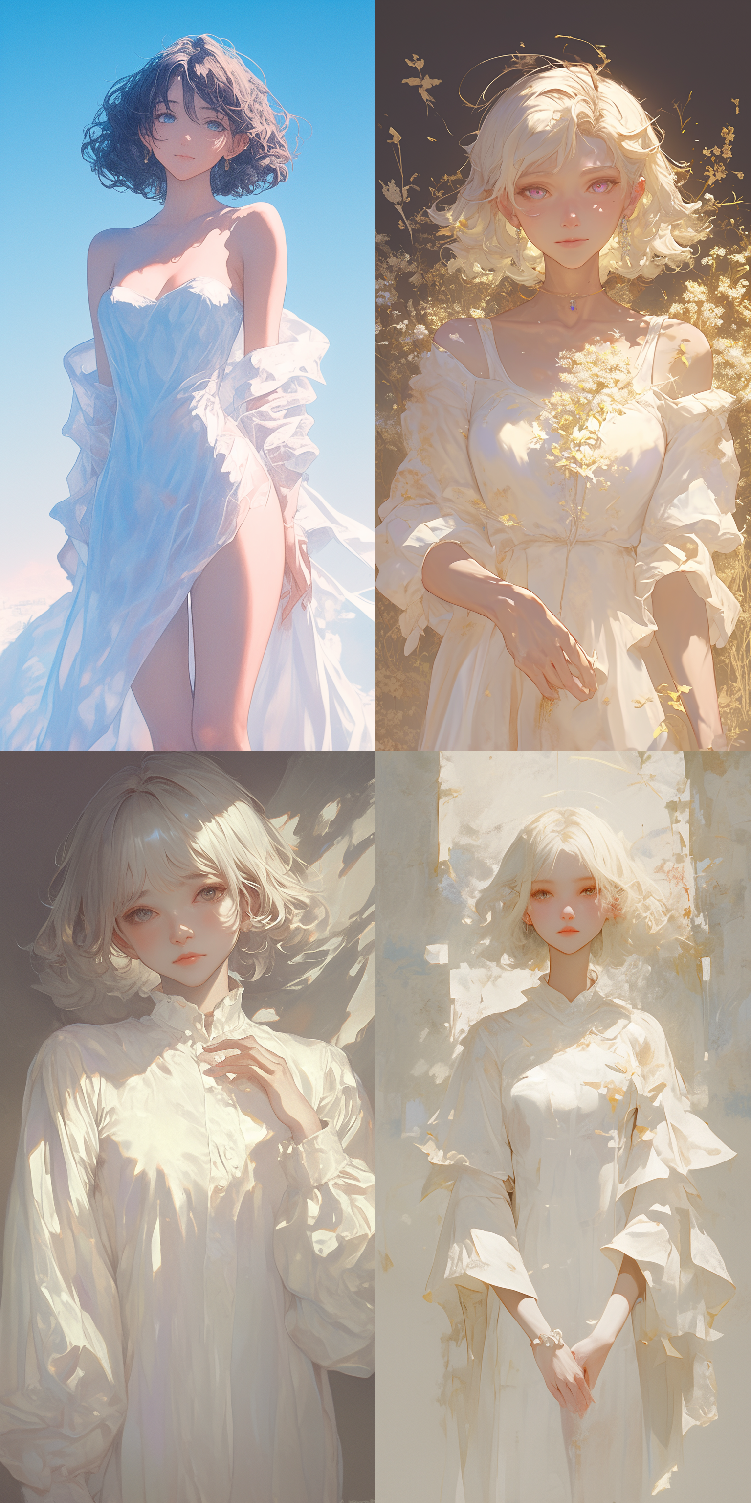 短发碎卷清纯女性，全身白色连衣裙，远景正面不微笑，自然光，柔和色调，广角镜头，清新风格，宁静氛围，纯洁感。