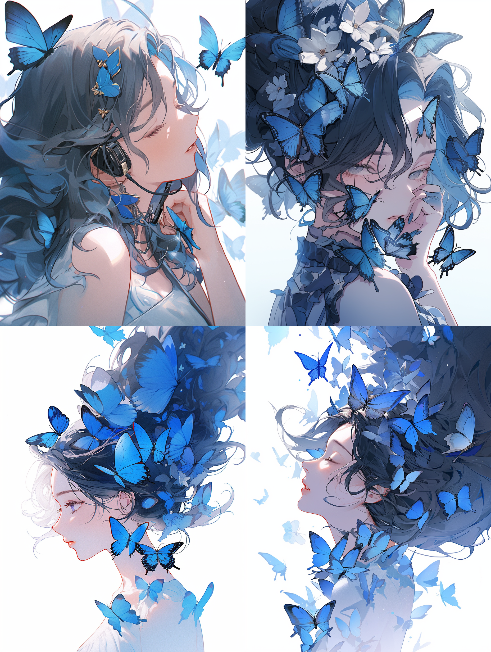 蓝色蝴蝶，治愈系插画，