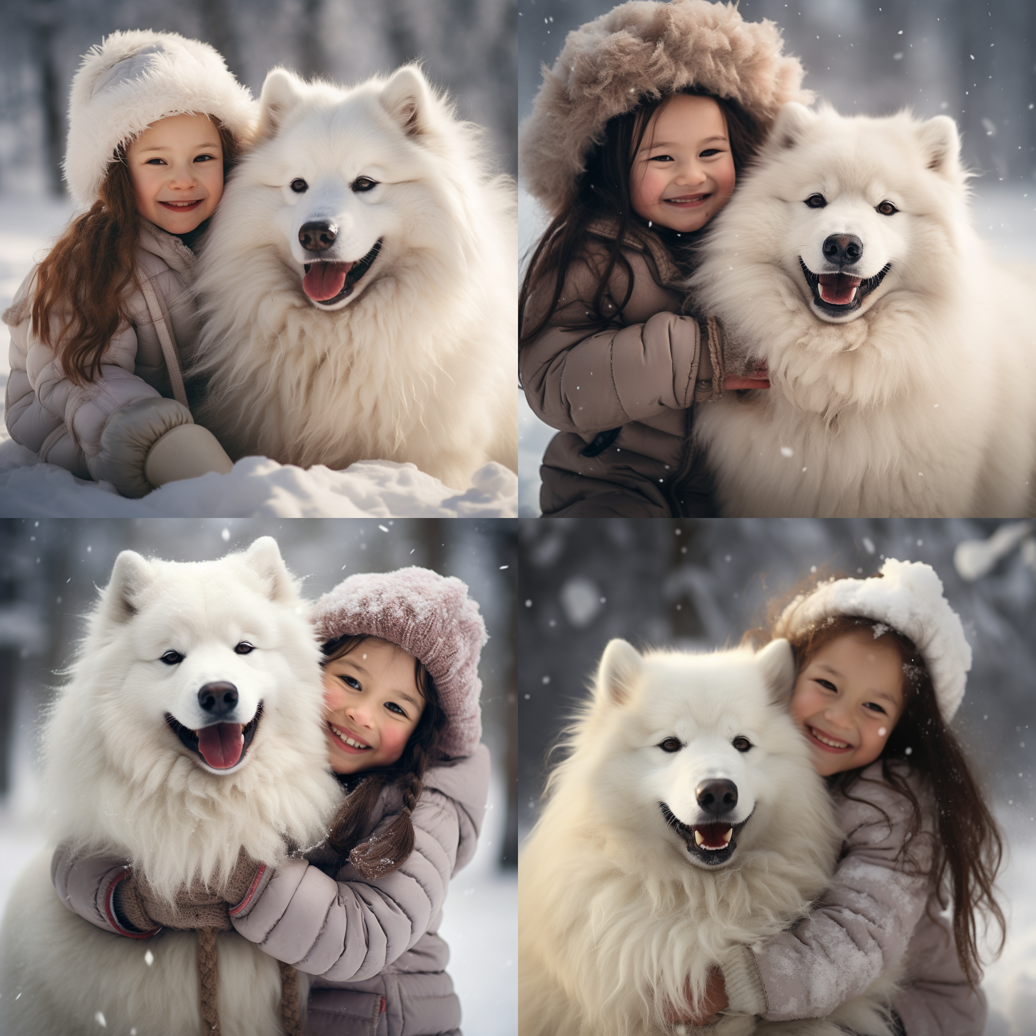 小女孩与萨摩耶，雪地背景，温馨场景，自然光，广角镜头，柔和色调，正面视角，微笑表情，互动动作，纯洁，温暖。