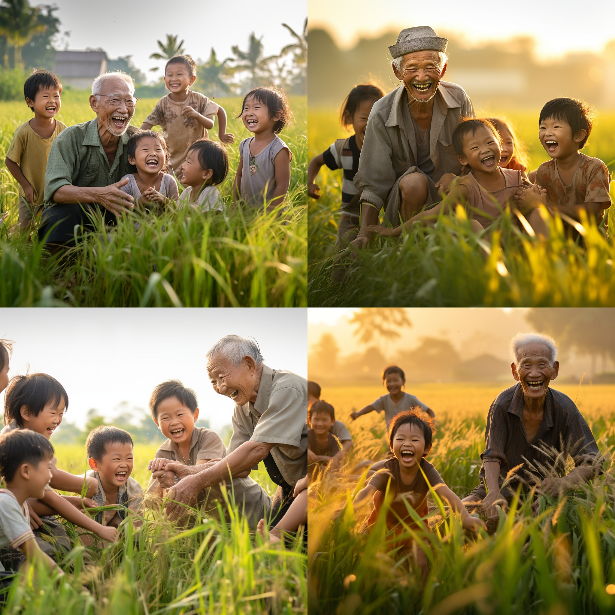 稻田中老人与嬉笑的小孩，自然风光，温馨场景，宽阔视野，长焦镜头，柔和光线，慢速快门，欢乐，和谐，金黄稻田，老人慈祥，小孩天真。