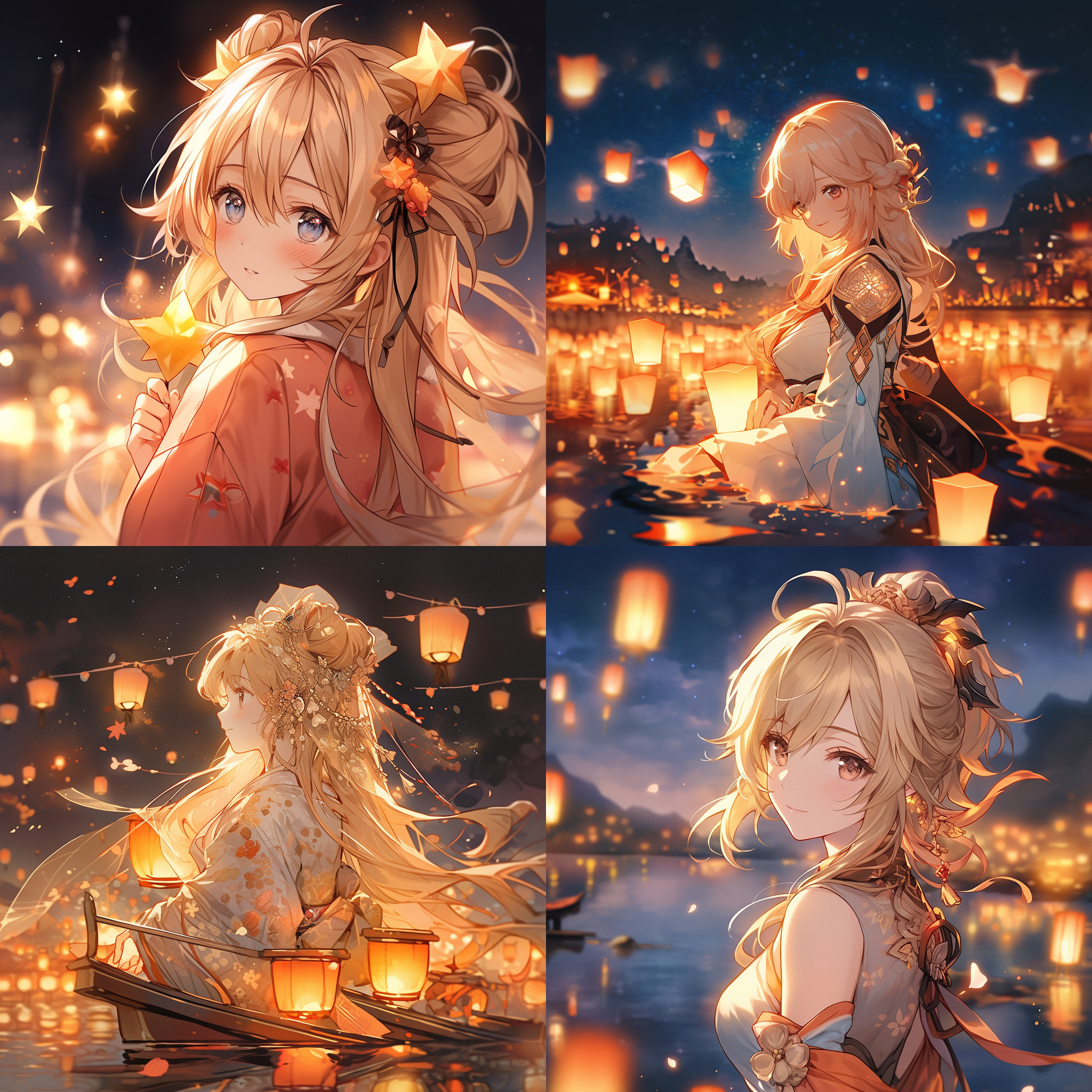 金发可爱中国女孩用亮晶晶的眼睛凝视空中的星星，美丽，优雅，浪漫，水景