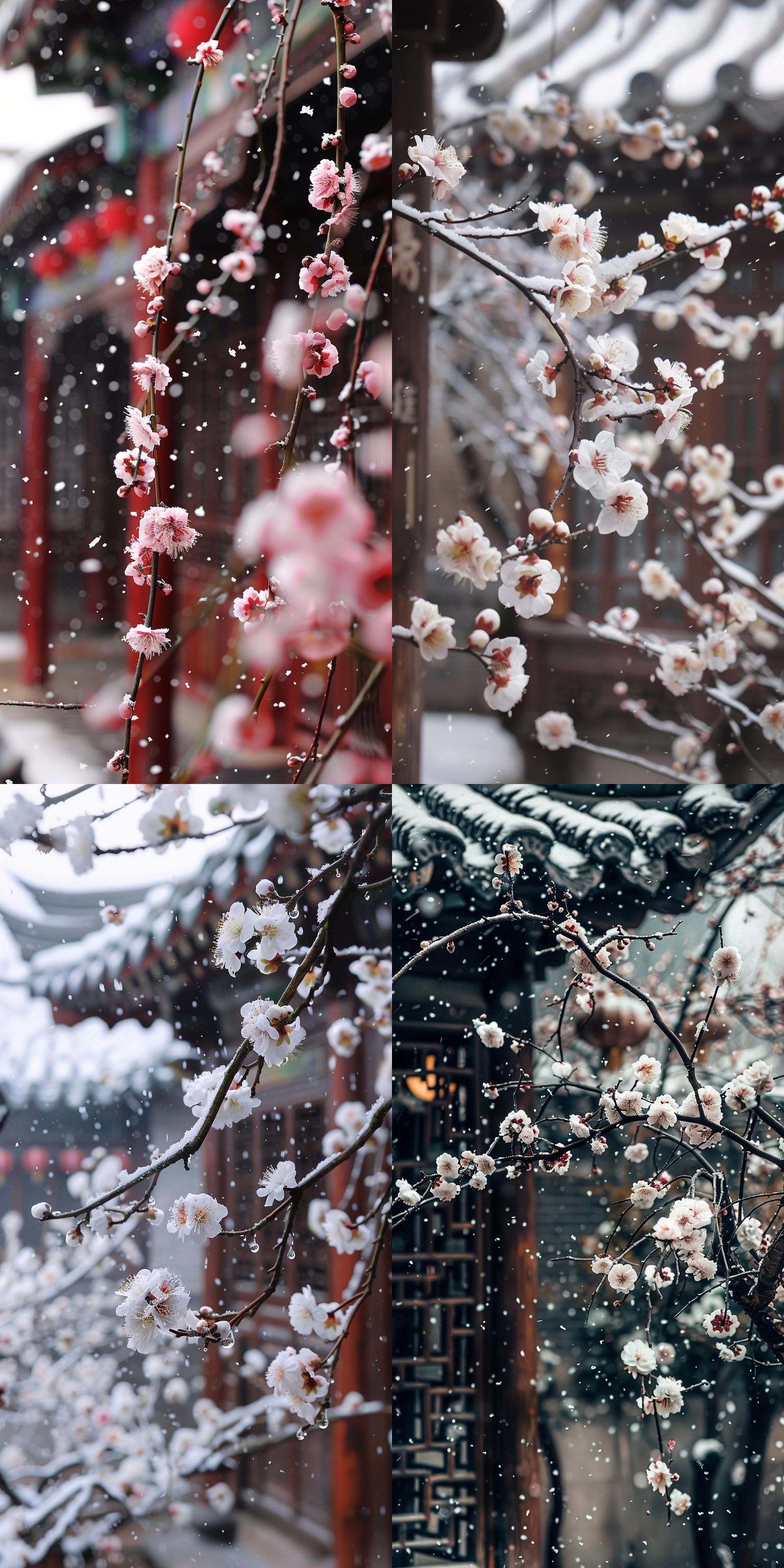 古建筑庭院，垂丝海棠盛开，花朵特写，小巧花苞，庭院积雪，白色海棠，花朵覆雪，低感光度，尼康相机，高清摄影，静谧氛围，自然光线，细腻纹理，古典风格，宁静美感。