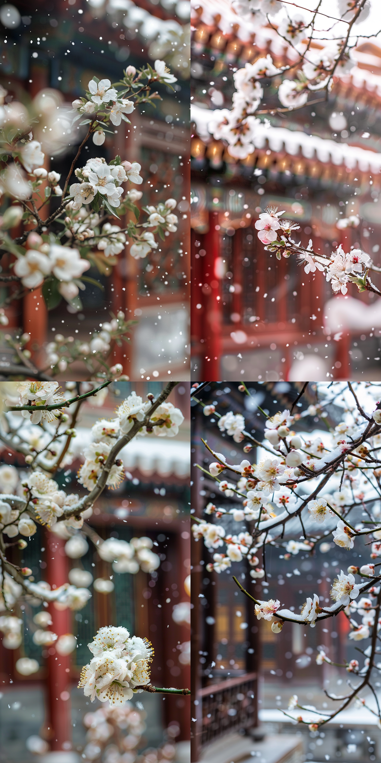中国古建筑庭院中盛开的垂丝海棠，海棠特写，花朵小，有花苞，庭院有积雪，庭院中开满海棠花，花朵颜色为白色，花朵上有积雪，低感光度，尼康，摄影，高清，特写镜头，自然光，静态，纯洁，宁静。